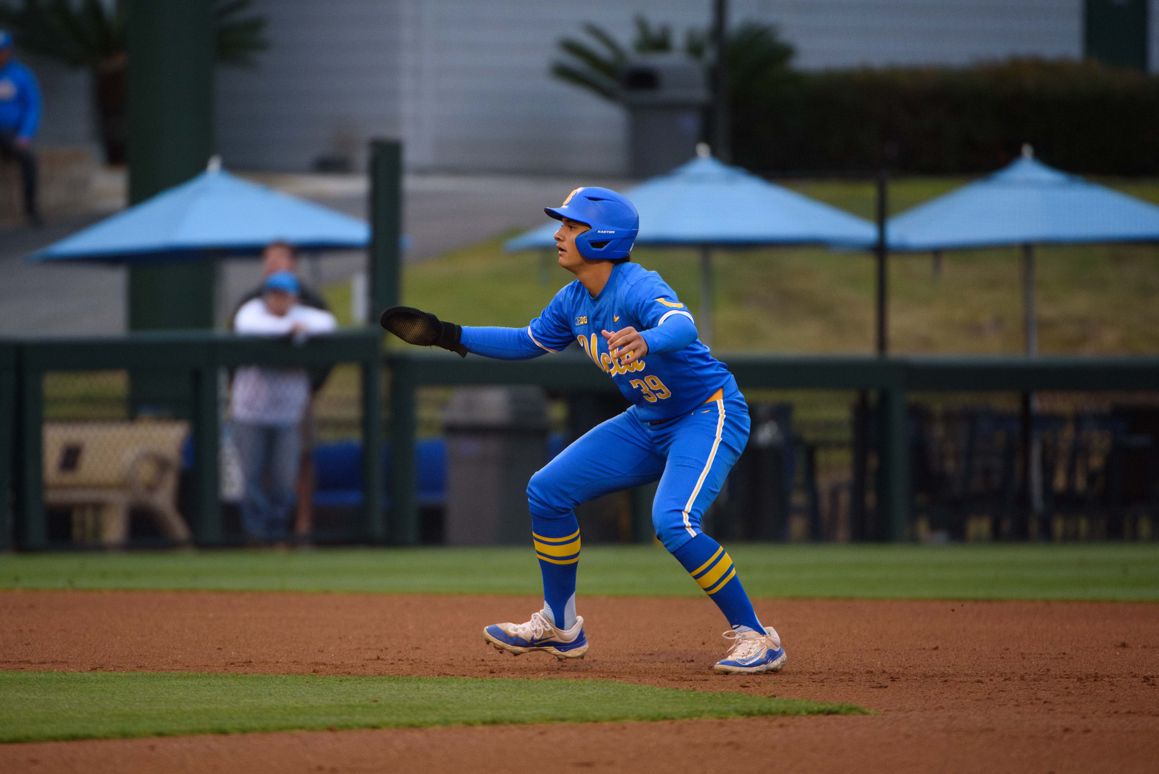 Sophomore first baseman Mulivai Levu, another All-Big Ten second team selection, leads off second base. (Libby Li/Daily Bruin)