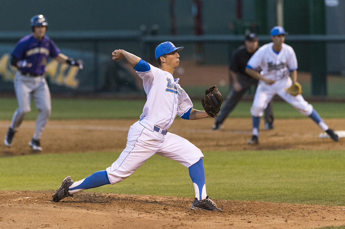 Former Bruin right-hander James Kaprielian pitches at Steele Field. Kaprelian, the 16th overall selection in the 2015 MLB Draft, is the last Bruin hurler to have been picked in the first round. (Daily Bruin file photo)