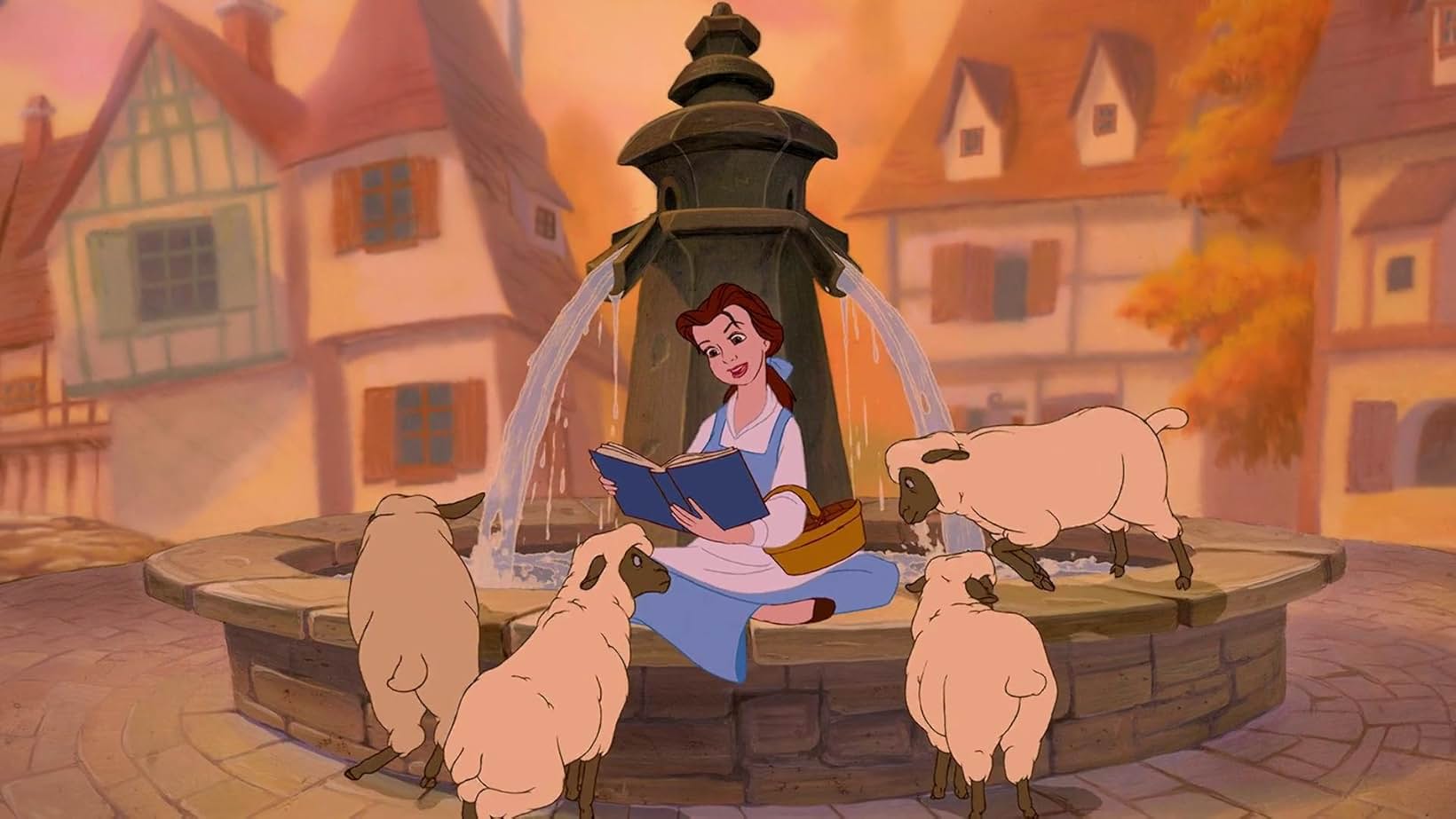 A scene from Disney&squot;s 1991 animated film "Beauty and the Beast" depicts Belle reaching a book while sitting by a fountain of water as sheep amble around her. The song "Belle" introduces viewers to the film&squot;s protagonist and her love of reading. (Courtesy of IMDb and Walt Disney Animation Studios)