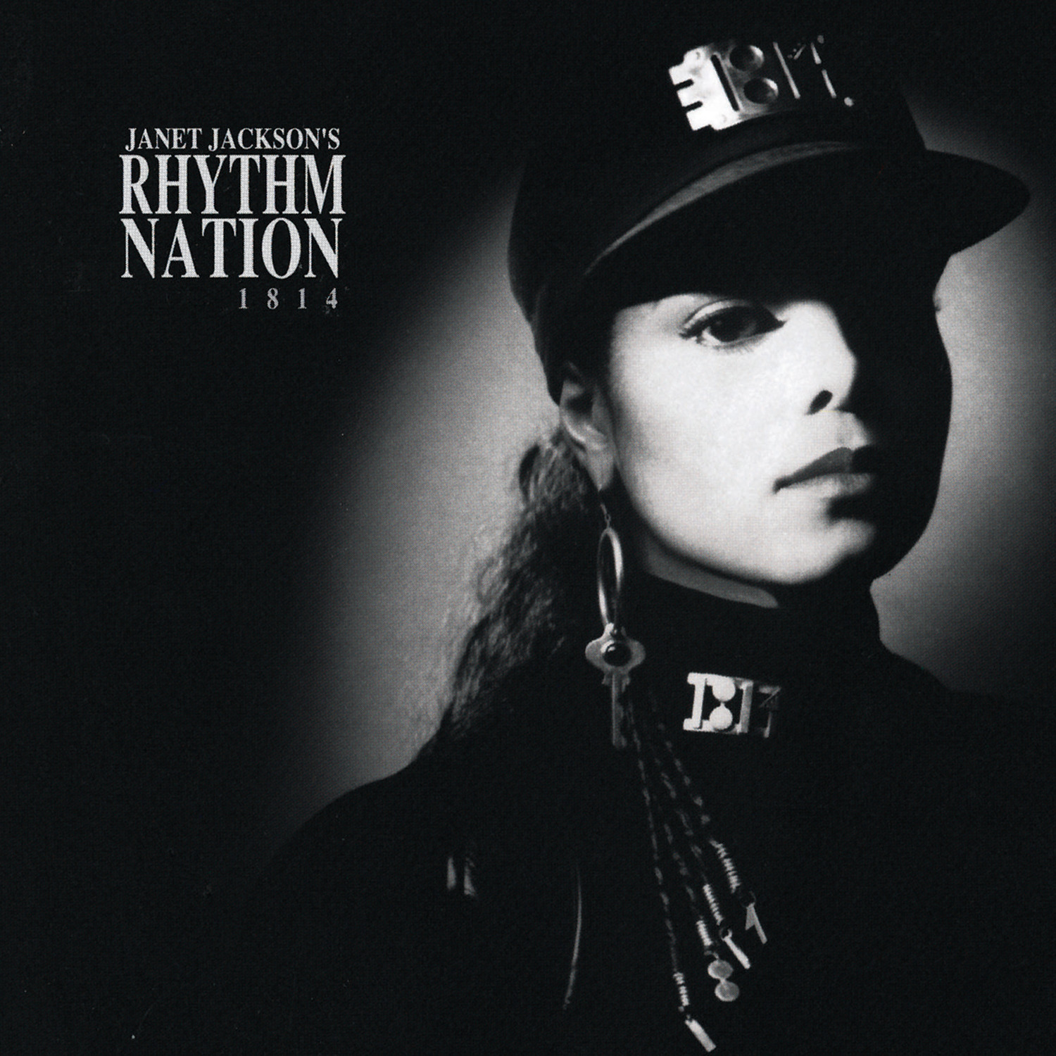 A closeup black-and-white image of Janet Jackson&squot;s face is used as the cover for her 1989 album "Rhythm Nation 1814." Jackson&squot;s fourth LP fused pop music with social commentary and political messaging while propelling a record seven singles to the top five of the Billboard Hot 100. (Courtesy of A&M Records)