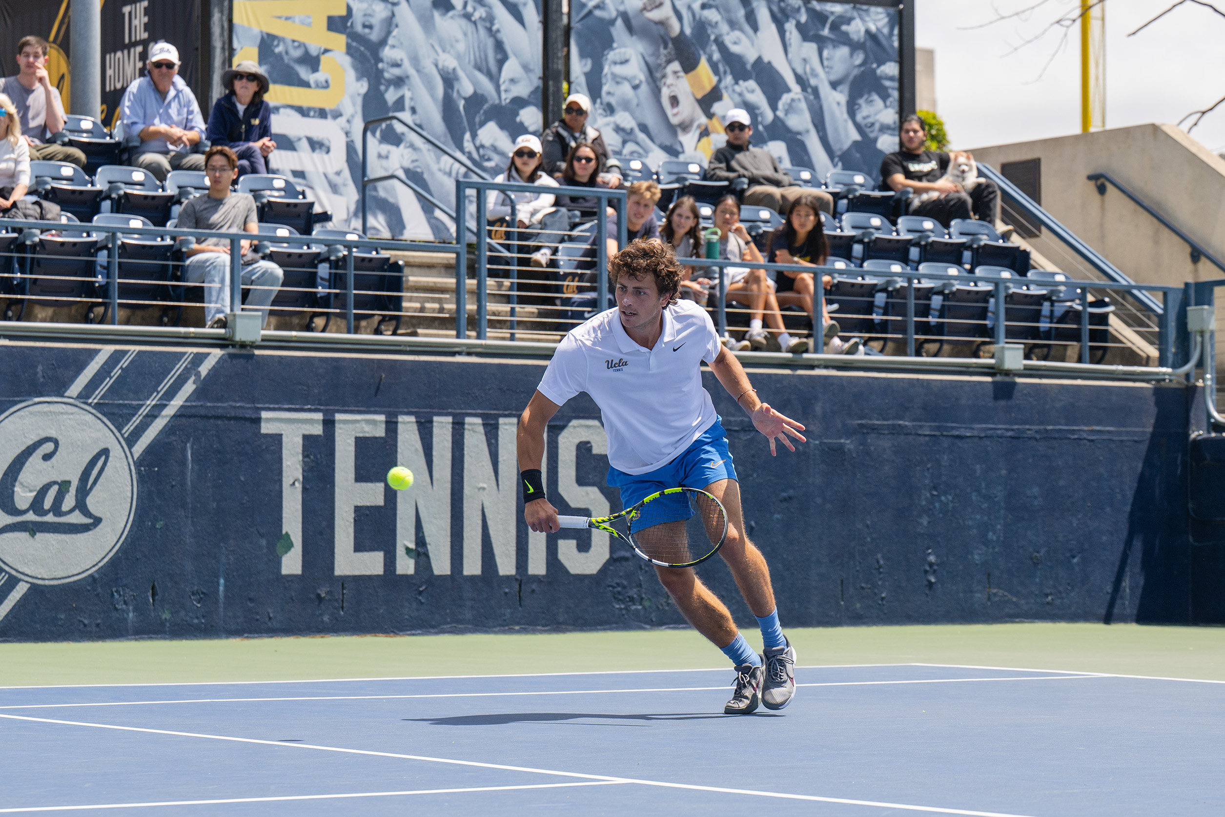 Senior Giacomo Revelli charges toward a sinking ball. (Nicolas Greamo/Daily Bruin senior staff)