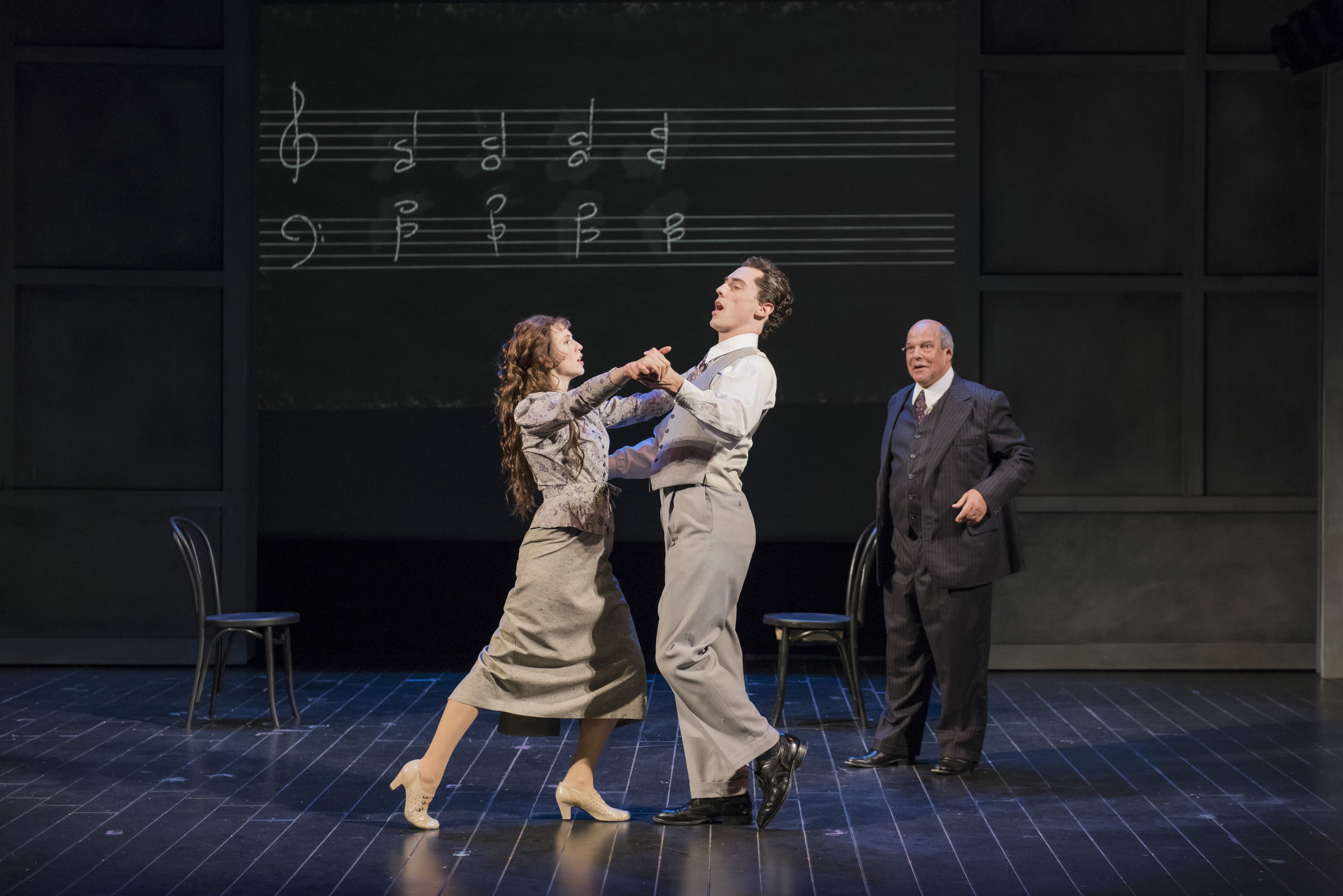 Sara Womble (left), Jesse Darden (center) and Omar Ebrahim (right) perform onstage at the Boston Lyric Opera during the 2018 production of "Schoenberg in Hollywood." The opera follows the story of Arnold Schoenberg, a composer who was also a professor at UCLA from 1936 to 1944. (Courtesy of Liza Voll)
