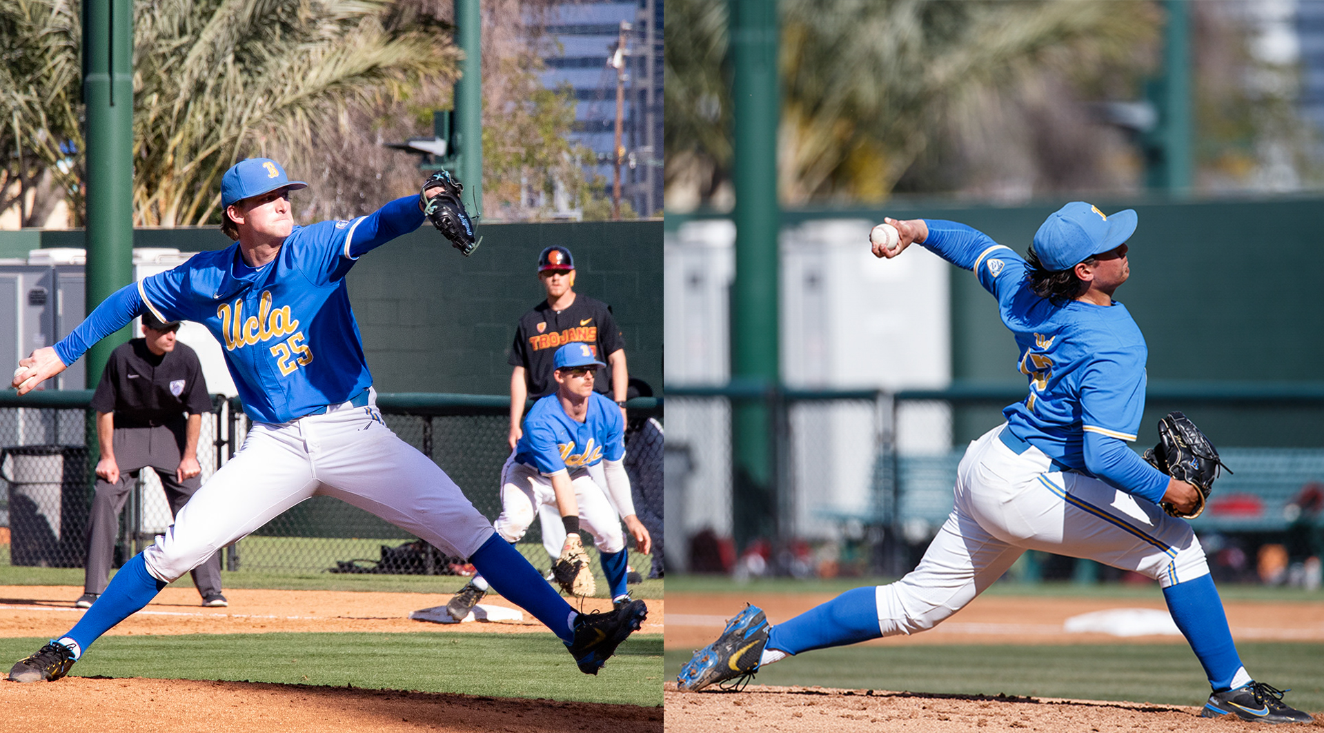 Former Bruins Thatcher Hurd (left) and Gage Jump (right) pitch at Steele Field. (Daily Bruin file photos)