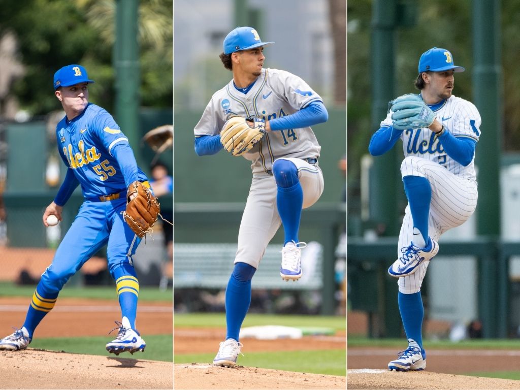 Junior right-hander Michael Barnett prepares to throw a pitch. Sophomore right-hander Landon Stump winding up to begin his delivery. Junior right-hander Cody Delvecchio prepares to deliver his pitch to the batter. (Left to right: Michael Gallgher/Assistant Photo editor, Aidan Sun/Assistant Photo editor, Michael Gallagher/Assistant Photo editor)