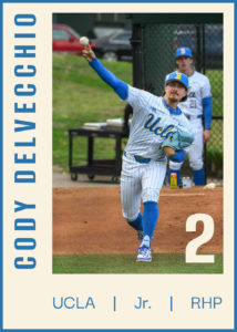 Rising senior right-hander Cody Delvecchio begins to release his pitch. (Photo by Michael Gallagher/Assistant Photo editor. Designed by Bethany Kim/Daily Bruin)