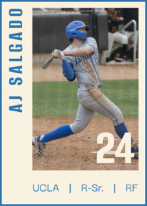 Redshirt-senior right-fielder AJ Salgado follows through on his swing. Jeannie Kim/Daily Bruin senior staff