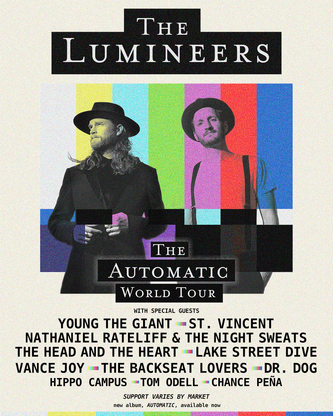 "The Automatic World Tour" poster shows a translucent version of the album&squot;s cover over a photo of members Wesley Schultz and Jeremiah Fraites. Touring their latest LP, the band will stop at the Kia Forum on Aug. 8 and 9. (Courtesy of The Lumineers and Big Hassle Media)