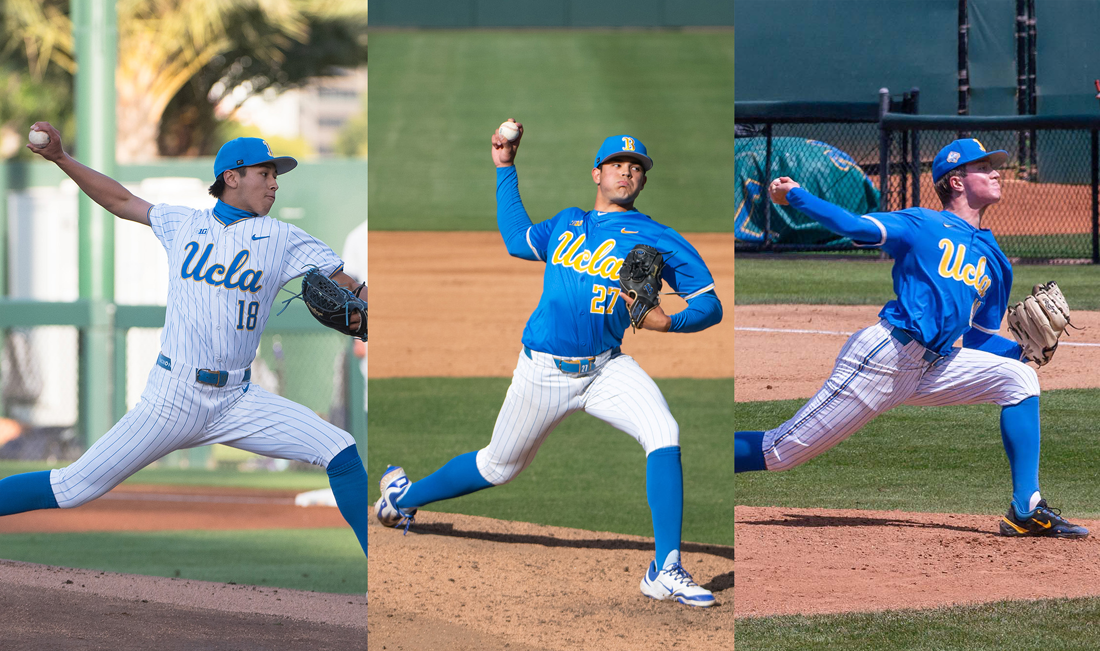 UCLA baseball will be returning almost all of their pitching staff including right handers (Left) incoming sophomore Wylan Moss, (Middle) incoming sophomore Easton Hawk and (Right) incoming senior Michael Barnett, all three contributed to the Bruins historical 2025 season. Left to right: (Jeannie Kim/Daily Bruin senior staff) (Felicia Keller/Daily Bruin senior staff) (Max Zhang/Daily Bruin)