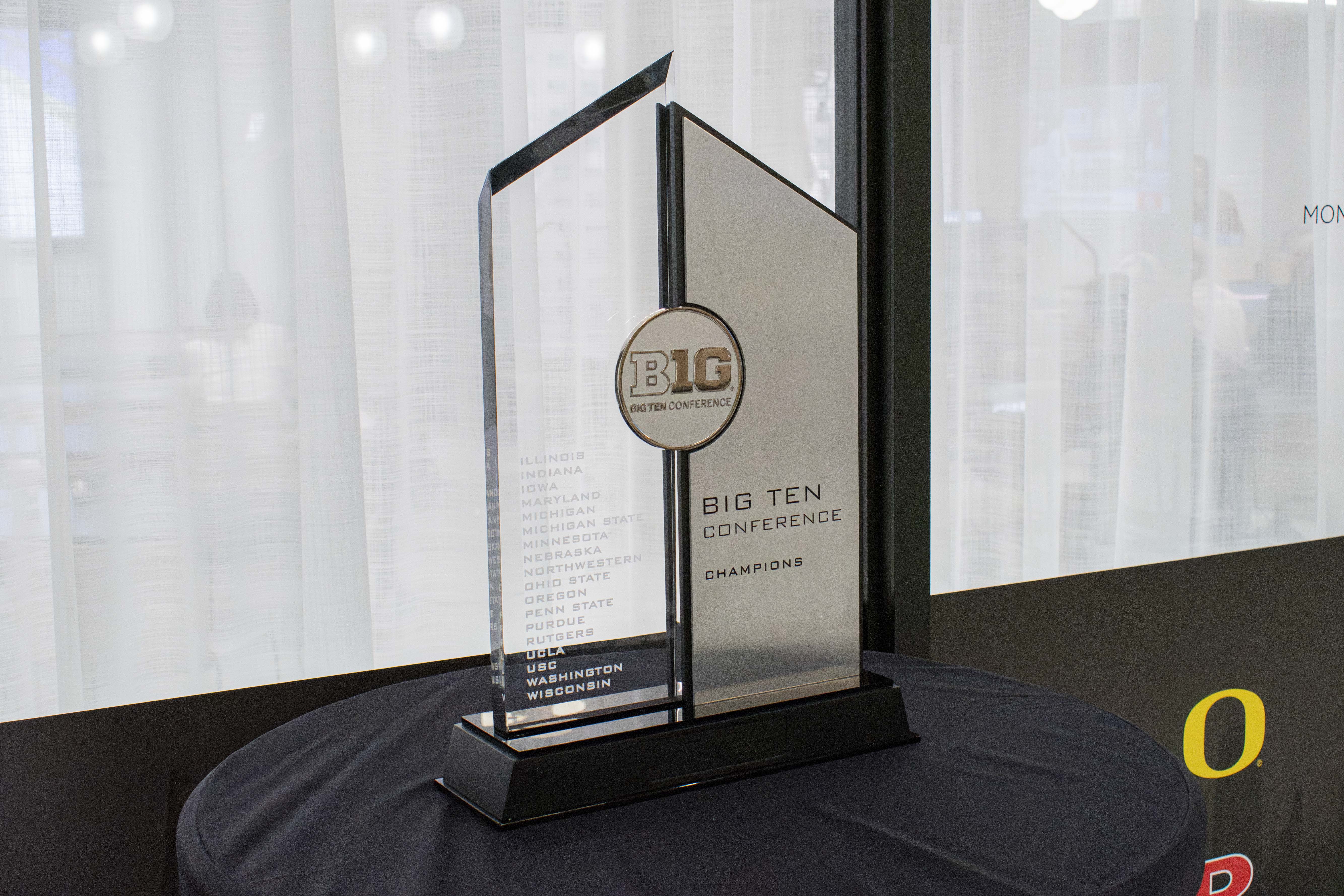 The Big Ten conference championship trophy sits at Big Ten Media Days. The Bruins kick off conference play Sept. 26, facing off against Ohio State in Columbus, Ohio. (Kai Dizon/Daily Bruin senior staff)