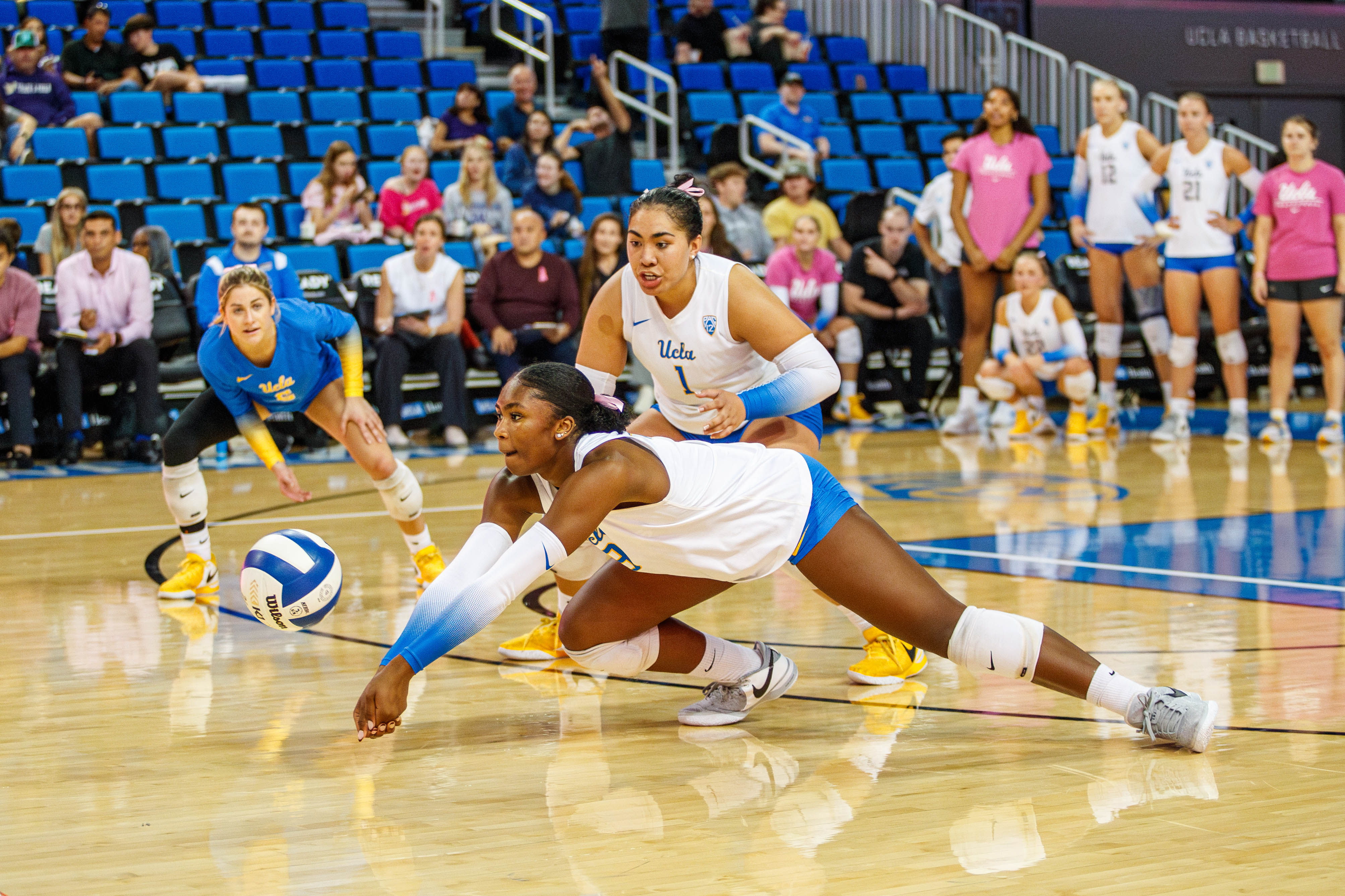 Rising senior outside hitter Cheridyn Leverette dives to get a ball up. Leverette was named to the AVCA Player of the Year Award Watch List. (Daily Bruin file photo)
