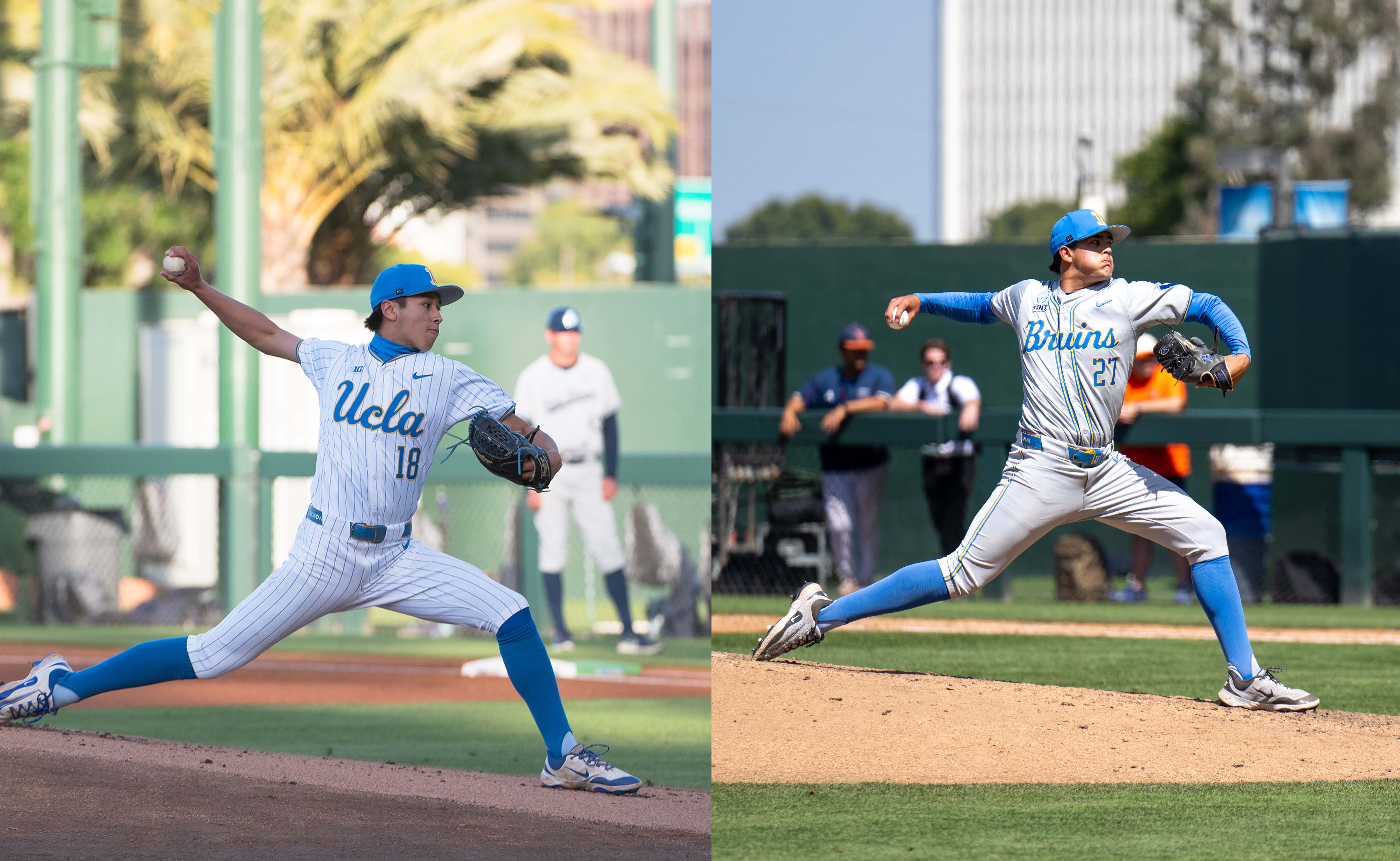 Rising sophomore right-handed pitchers Wylan Moss (Left) and Easton Hawk (Right) begin to deliver their pitches to the batter. The duo combined for 72.1 innings pitched during their freshman campaign. L: (Jeannie Kim/Daily Bruin senior staff) R: (Aidan Sun/Assistant Photo editor)