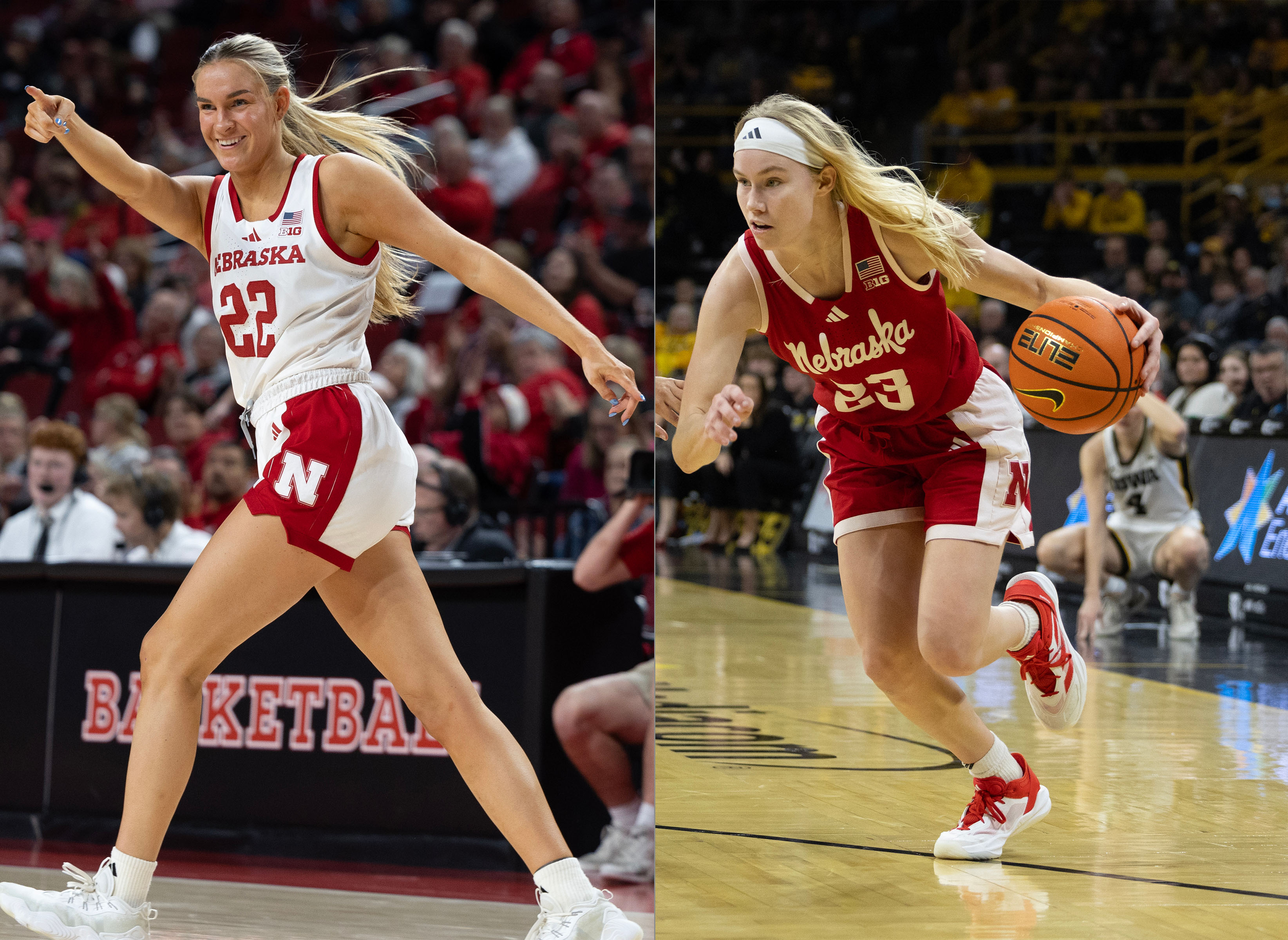 (Left) Forward Natalie Potts points and smiles in celebration. (Right) Guard Britt Prince dribbles the ball with her left hand towards the hoop. (Courtesy of Nebraska Athletics)
