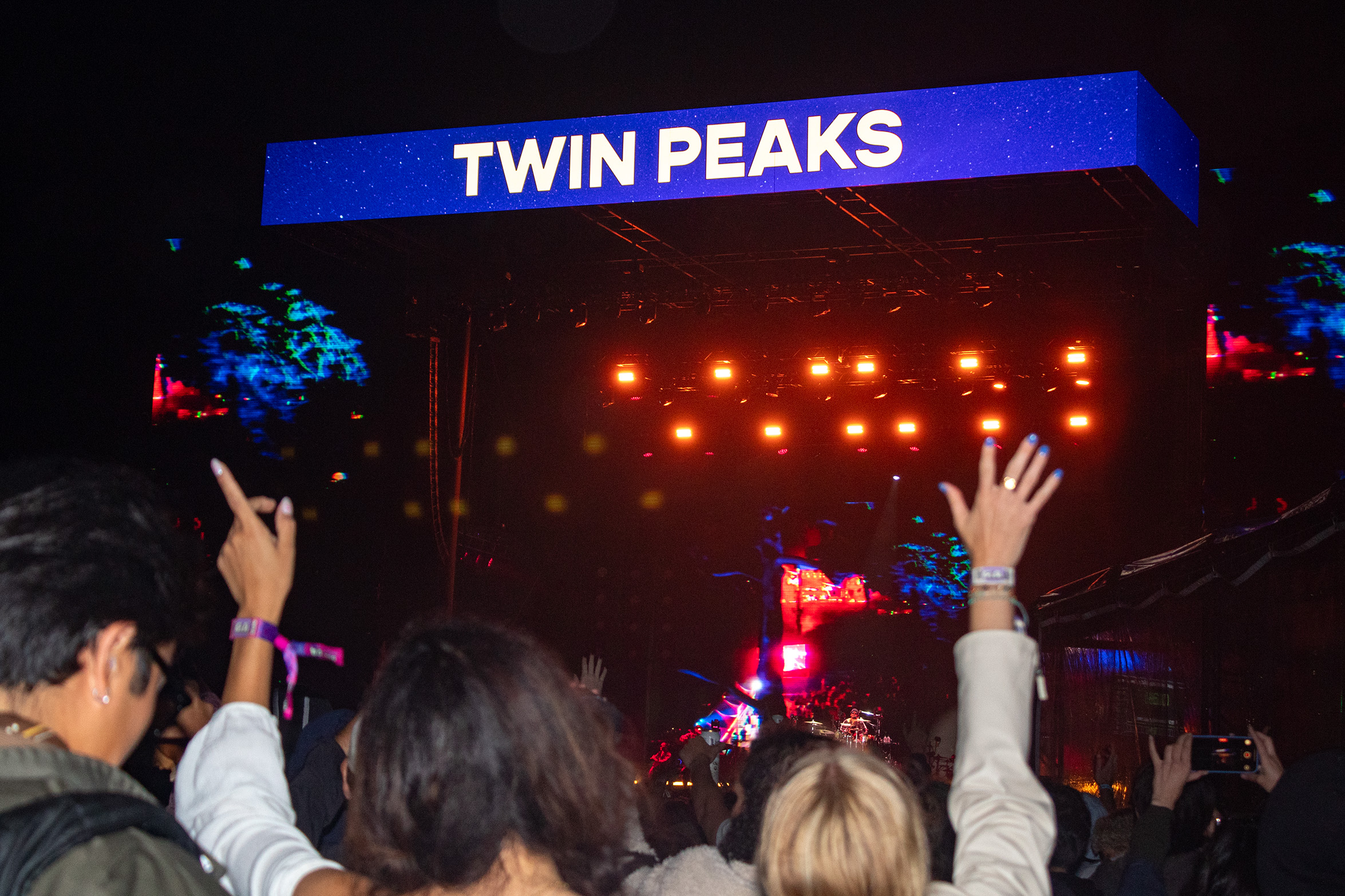 Twin Peaks' crowd at night, holding their hands up. Indie rock band Glass Animals brought their unique sound to the festival's third day lineup. (Isabella Appell/Daily Bruin)