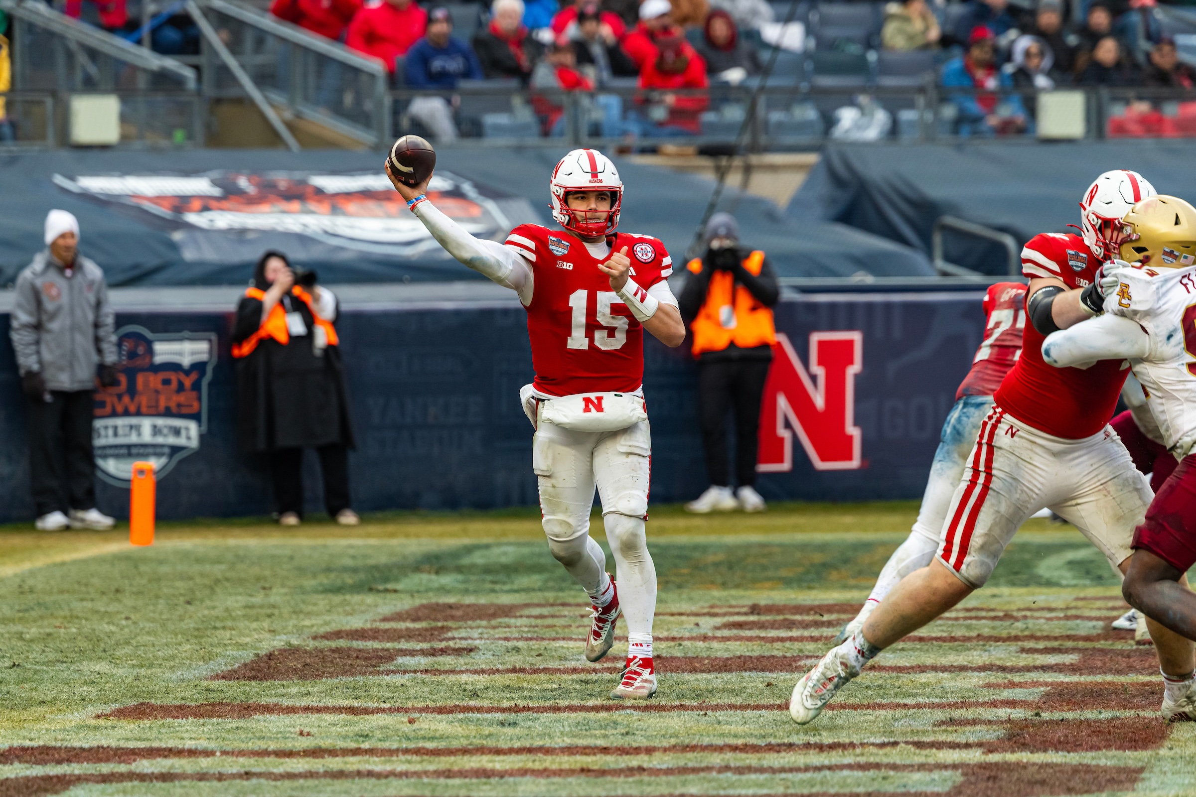 Quaterback Dylan Raiola prepares to throw the football down the field. (Courtesy of Nebraska Athletics) Nebraska Cornhuskers quarterback Dylan Raiola #15 Raiola15 FB vs Boston College Bad Boy Mowers Pinstripe Bowl