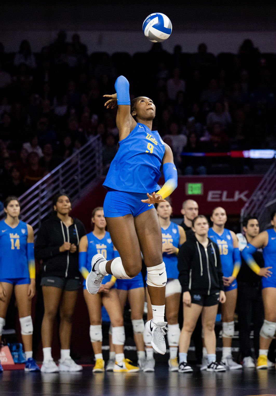 Senior outside hitter Cheridyn Leverette serves the ball. Leverette finished sixth in the Big Ten in kills per set last season with a 4.14 clip. (Daily Bruin file photo)
