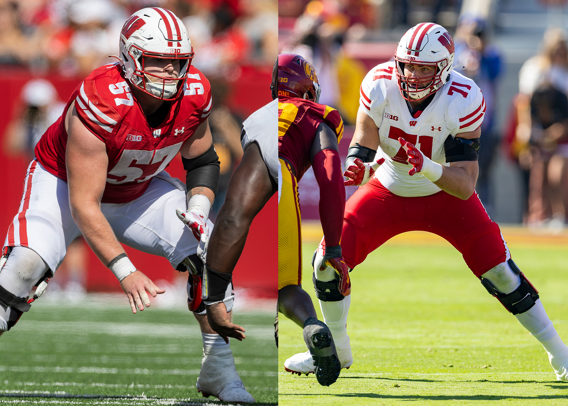 (Left) Center Jake Renfro and (Right) right tackle Riley Mahlman set up to block the opposing teams players. (Left to right: Courtesy of Wisconsin Athletics)