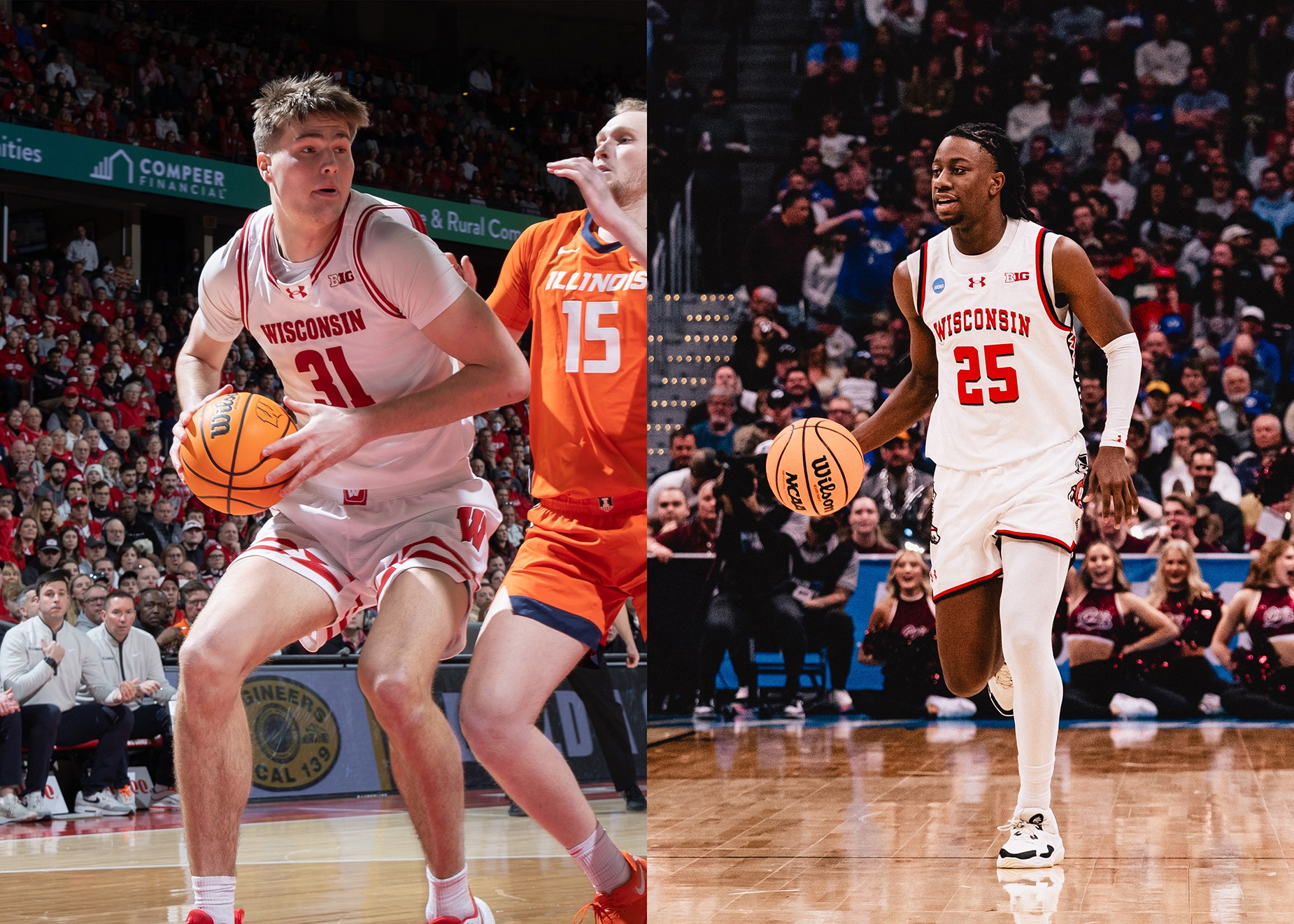 (Left) Forward Nolan Winter holds the ball with an Illinois defender on his back. (Right) Guard John Blackwell dribbles down the court. (Left to right: Courtesy of Wisconsin Athletics)