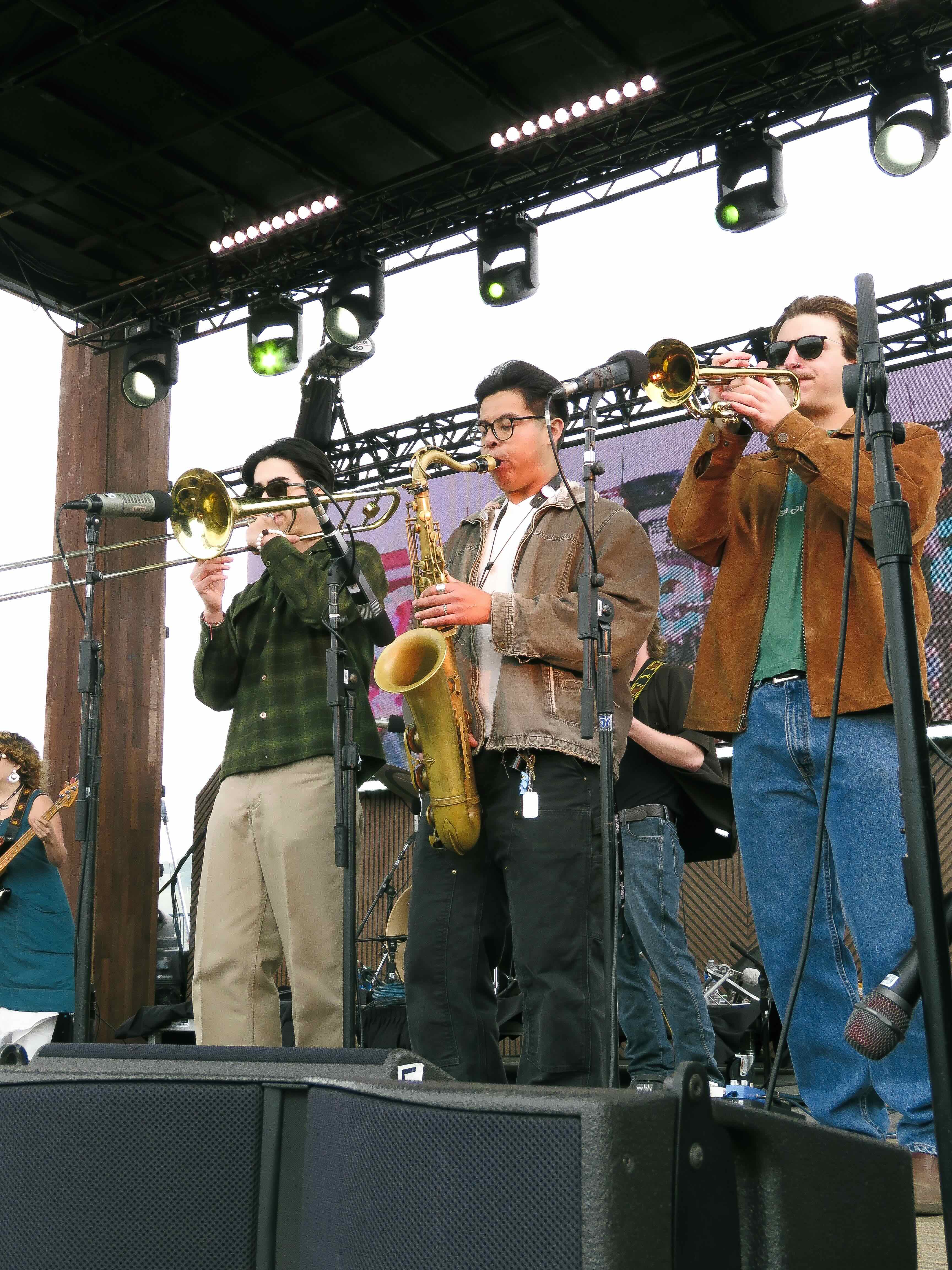 Three Garden Party members performing with a trumpet, trombone and saxophone. Gorman said the band's dynamic heavily relies on the improvisational nature characteristic of jazz music. (Courtesy of Jonathan Ortega, Cocona Mori)