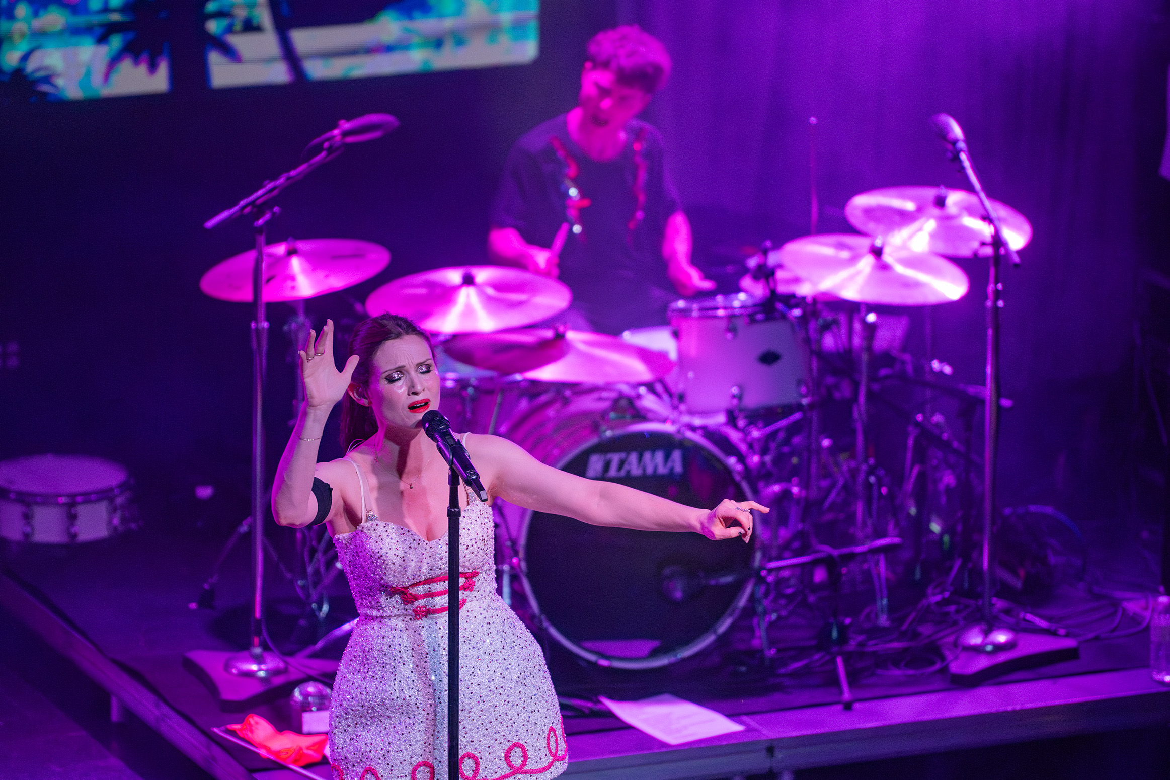 Sophie Ellis-Bextor wears a glittery minidress with pink embroidery while performing at The Regent Theater on Oct. 27. The singer&squot;s set lasted for about one hour and 40 minutes and featured songs from across her career, including seven tracks from her latest album "Perimenopop." (Selin Filiz/Assistant Photo editor)