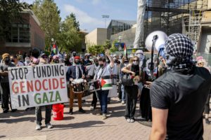 The demonstrators reached Bruin Plaza – a designated area for free expression under TPM – around 12:45 p.m. (Andrew Ramiro Diaz/Photo editor)