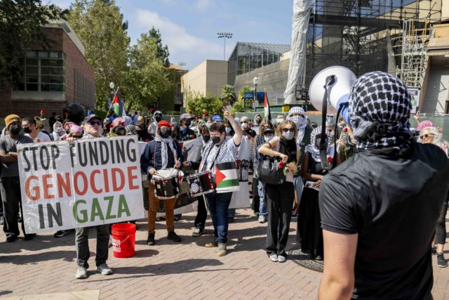 The demonstrators reached Bruin Plaza – a designated area for free expression under TPM – around 12:45 p.m. (Andrew Ramiro Diaz/Photo editor)
