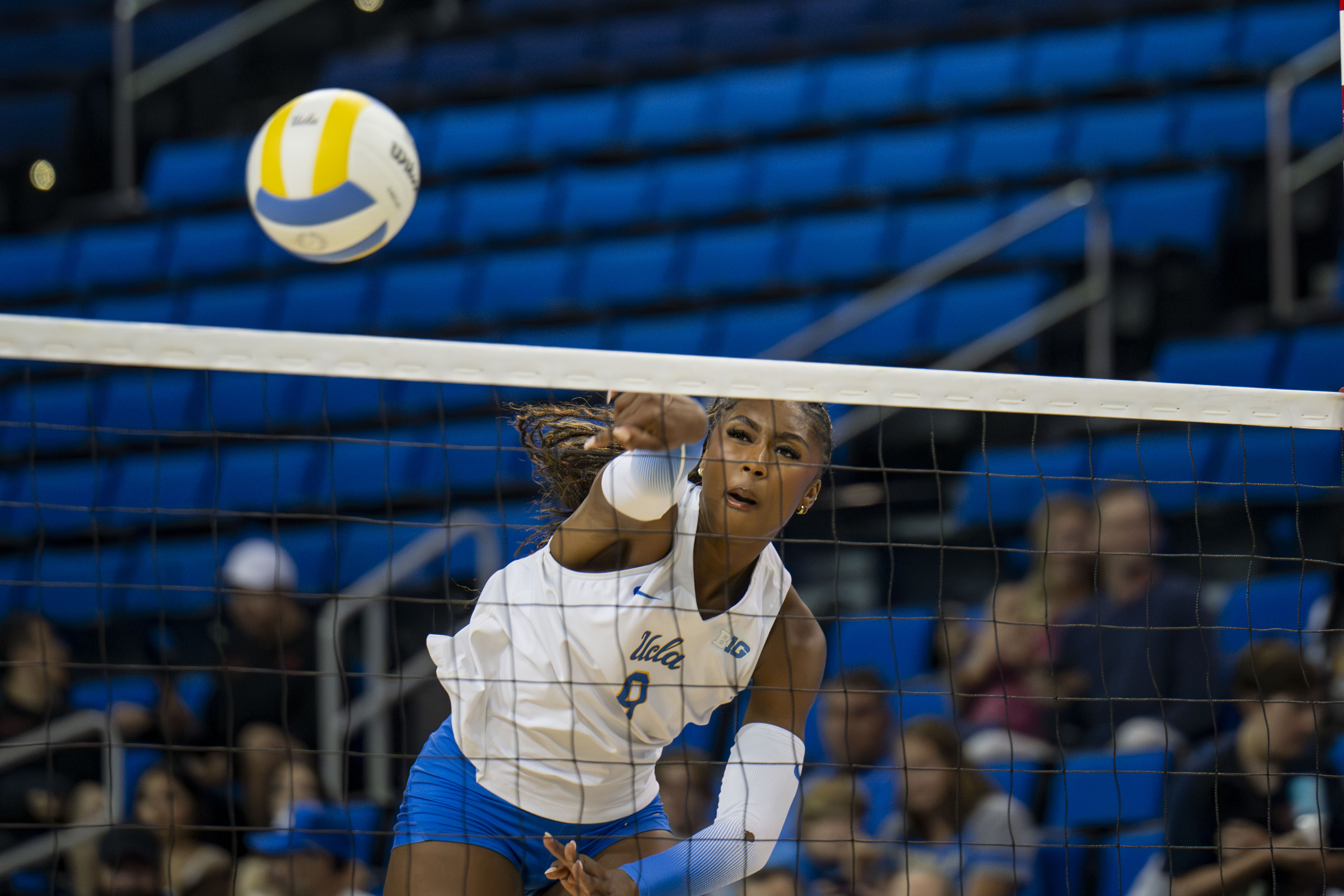 Senior outside hitter Cheridyn Leverette hits the ball. Leverette reached 1,000 career kills against Iowa on Sunday. (Andrew Ramiro Diaz/Photo editor)