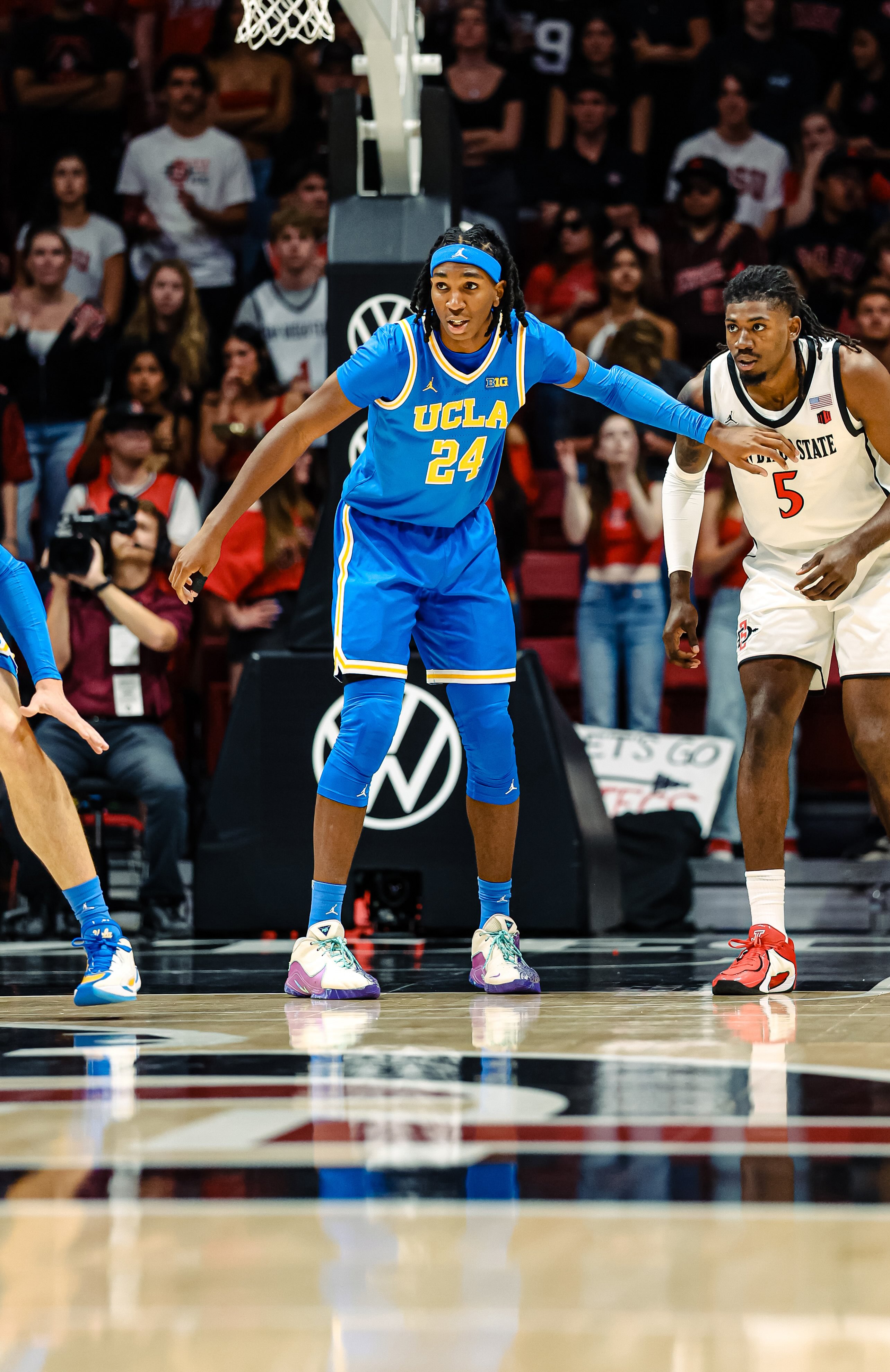 Jamerson stands in the paint and guards a San Diego State player at Viejas Arena.