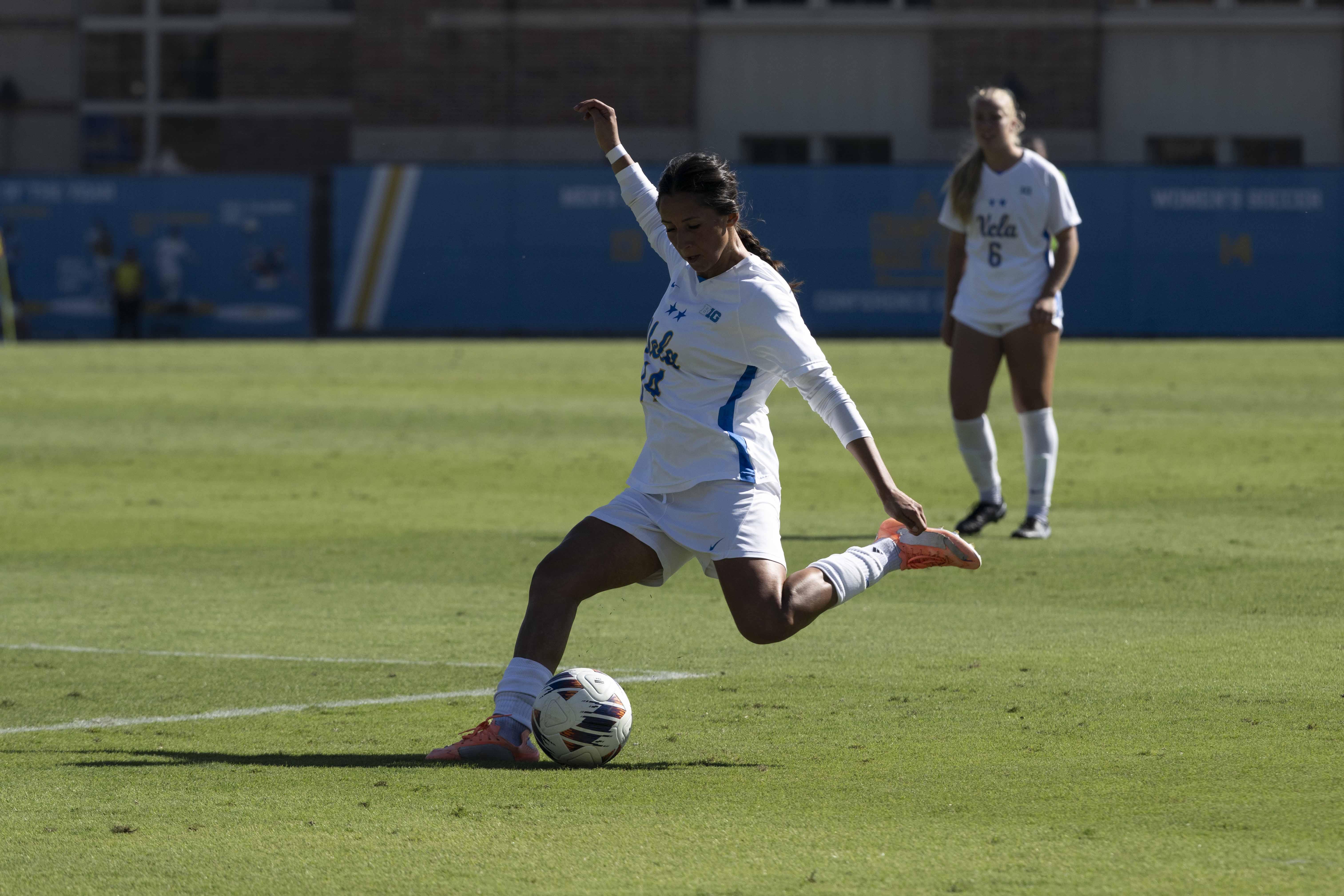 Junior midfielder Val Vargas shoots the ball. (Leydi Cris Cobo Cordon/Daily Bruin senior staff)