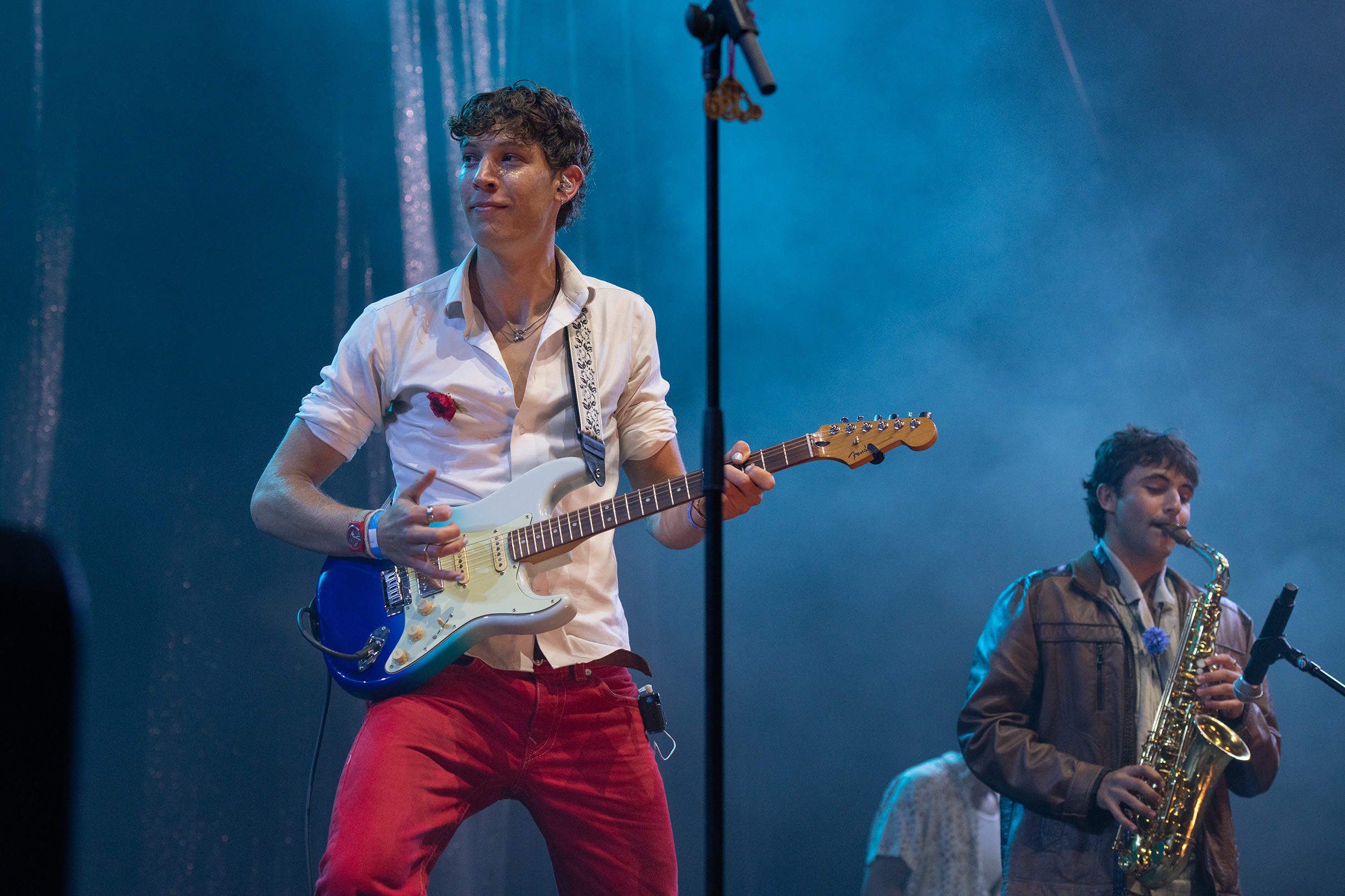 Two members of The 529s, Kiva Schweig (left) and Jacob Mayer (right). The student band has performed in multiple UCLA-related events, such as Spring Sing 2025. (Leydi Cris Cobo Cordon/Daily Bruin senior staff)