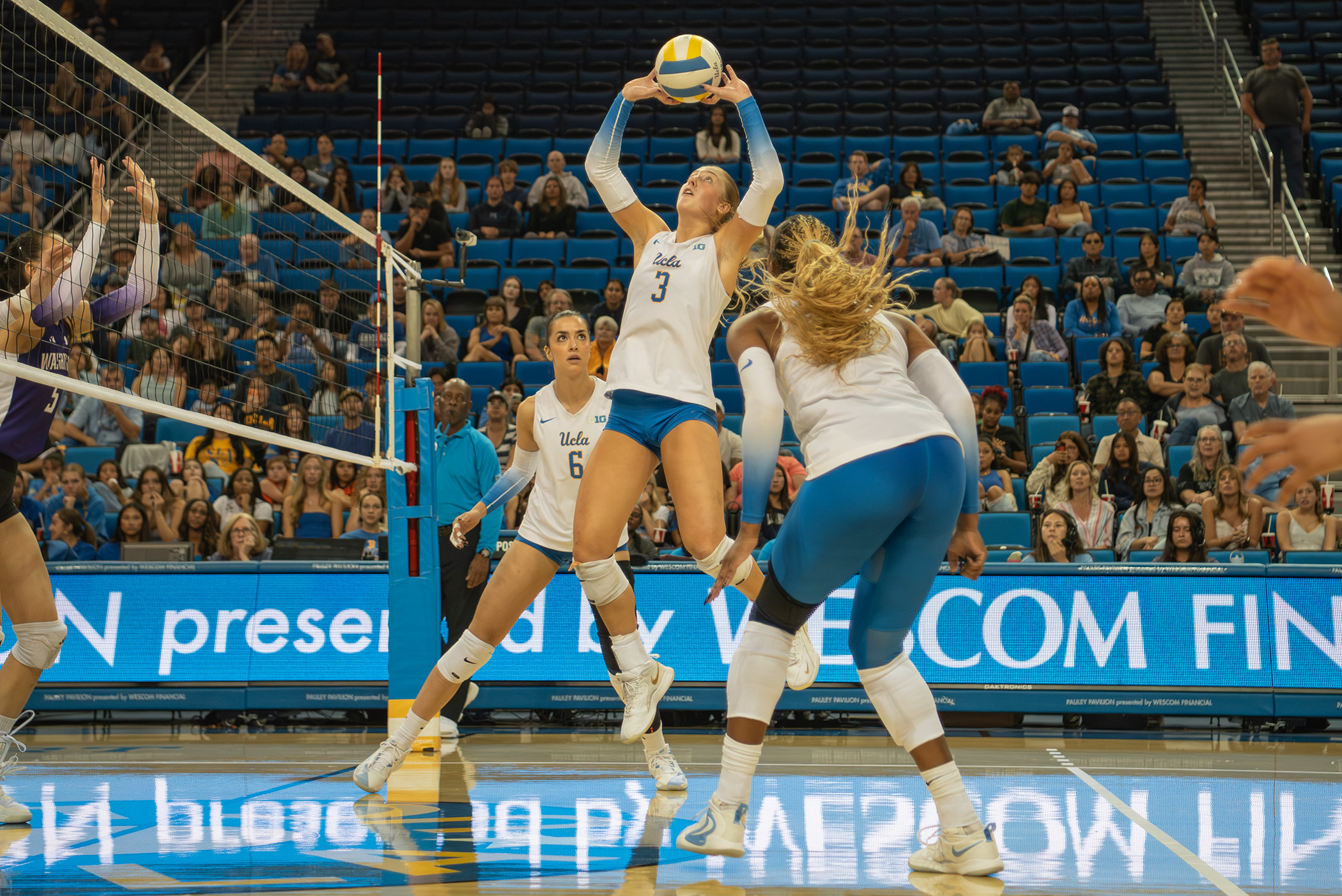 Sophomore setter Kate Duffey jumps and begins to set the ball as sophomore outside hitter/opposite Anastasija Ivkovic stands behind her and Singletary begins her approach. (Amanda Velasco/Daily Bruin senior staff)