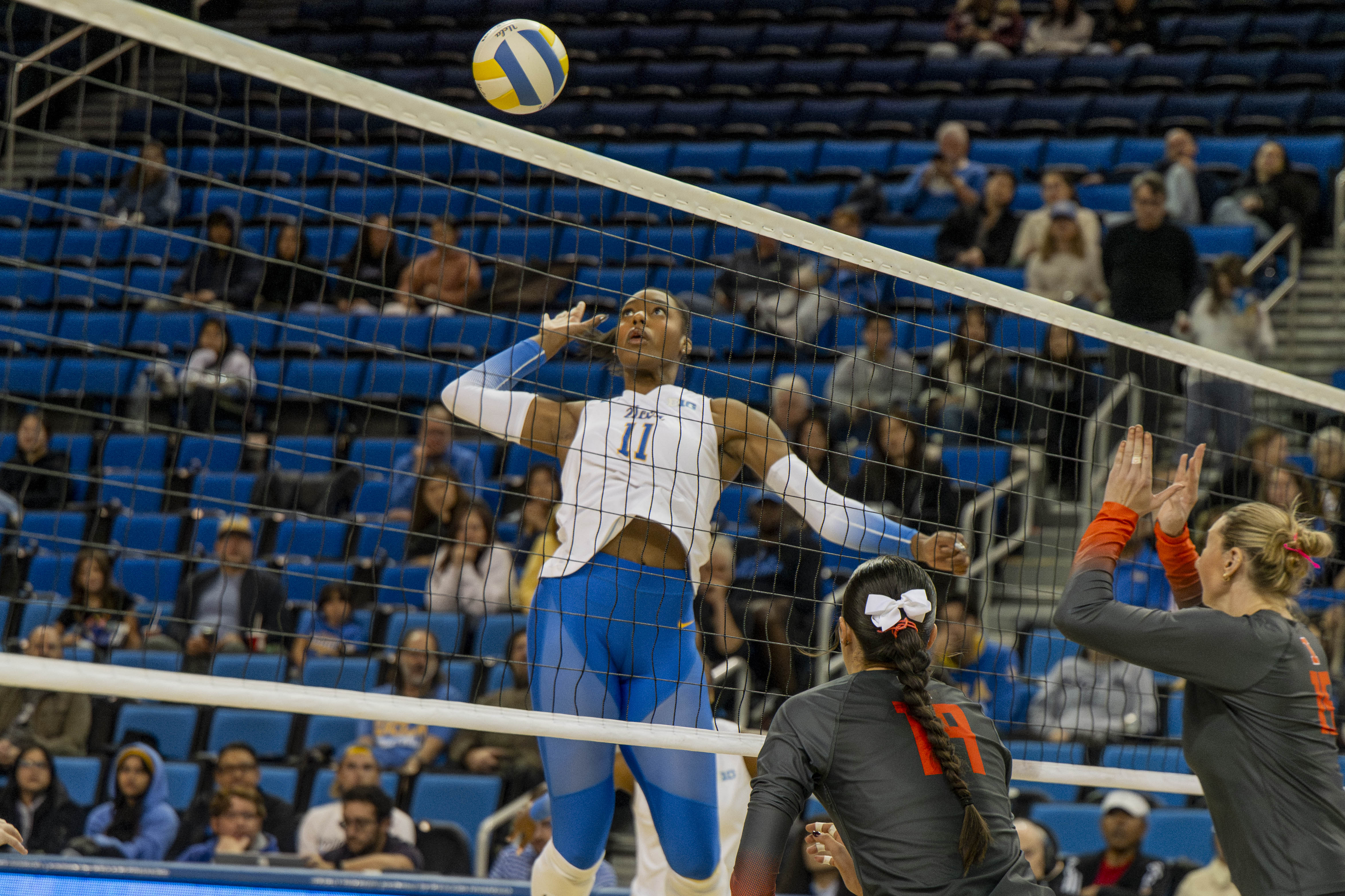 Redshirt junior middle blocker Marianna Singletary goes to hit the ball. (Vanessa Man/Daily Bruin)