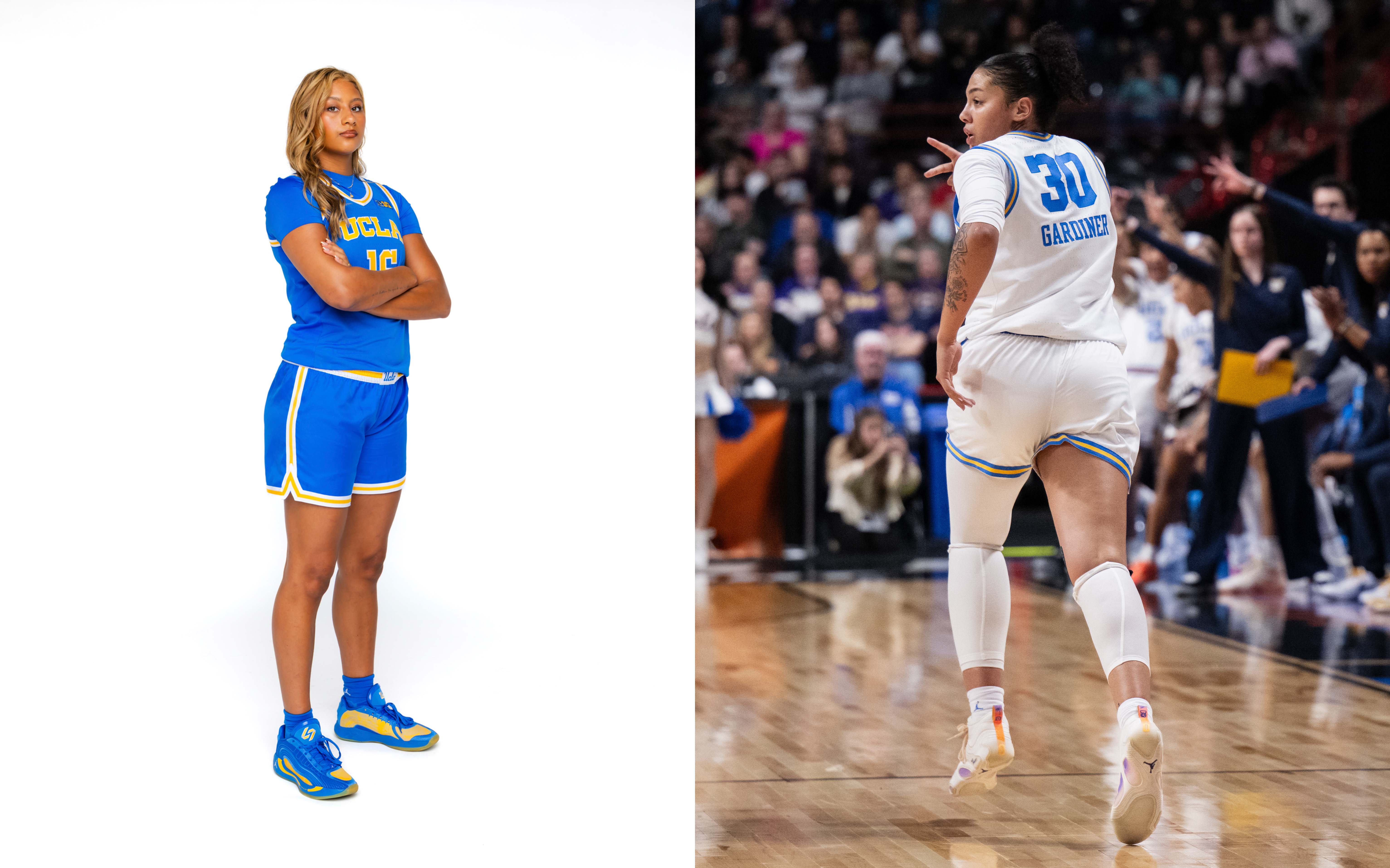 Freshman forward Sienna Betts poses for a media day photo (left), and senior forward Timea Gardiner runs on the court. L: (Courtesy of UCLA Athletics), R: (Aidan Sun/Assistant Photo editor)