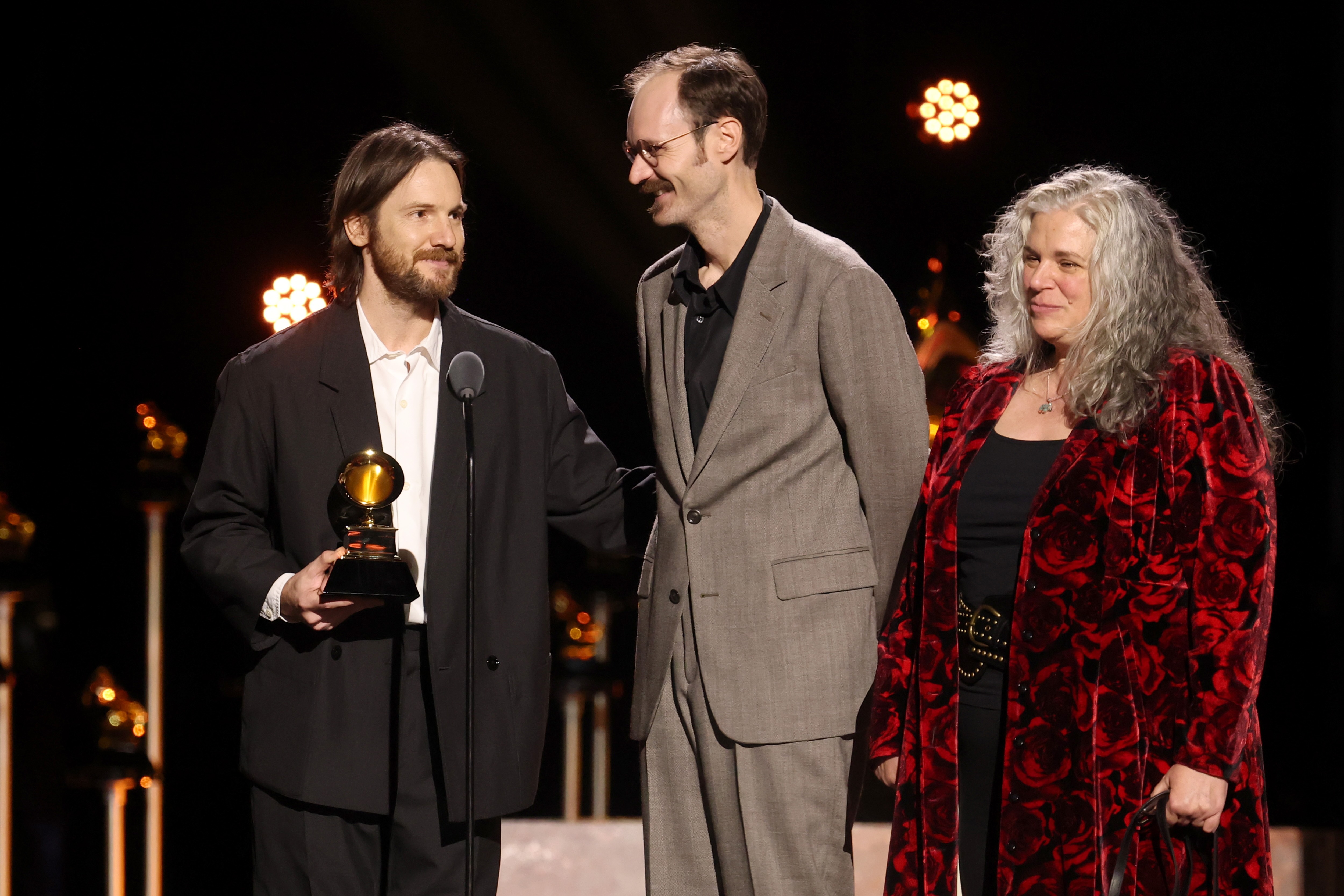 From left to right, Blake Mills, Joseph Lorge and Patricia Sullivan are pictured giving their acceptance speech. The music engineers won the category Best Engineered Album, Non-Classical for their work in the 2025 album "That Wasn&squot;t A Dream." (Courtesy of Matt Winkelmeyer/Getty Images for The Recording Academy)