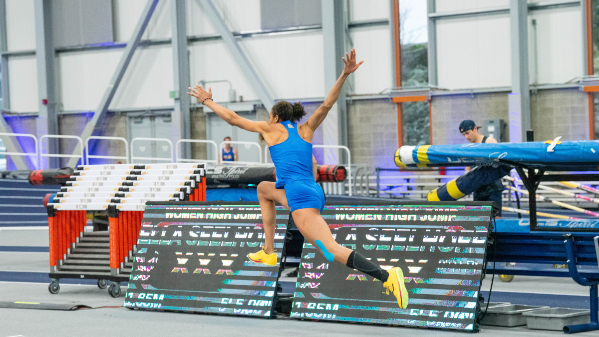 Sophomore Valentina Fakorogha bounds as she initiates her jump attempt. The Ventura Beach, California, local has earned at least fourth-place in all three of her 2026 high-jump outings. (Courtesy of Luca Gillis)