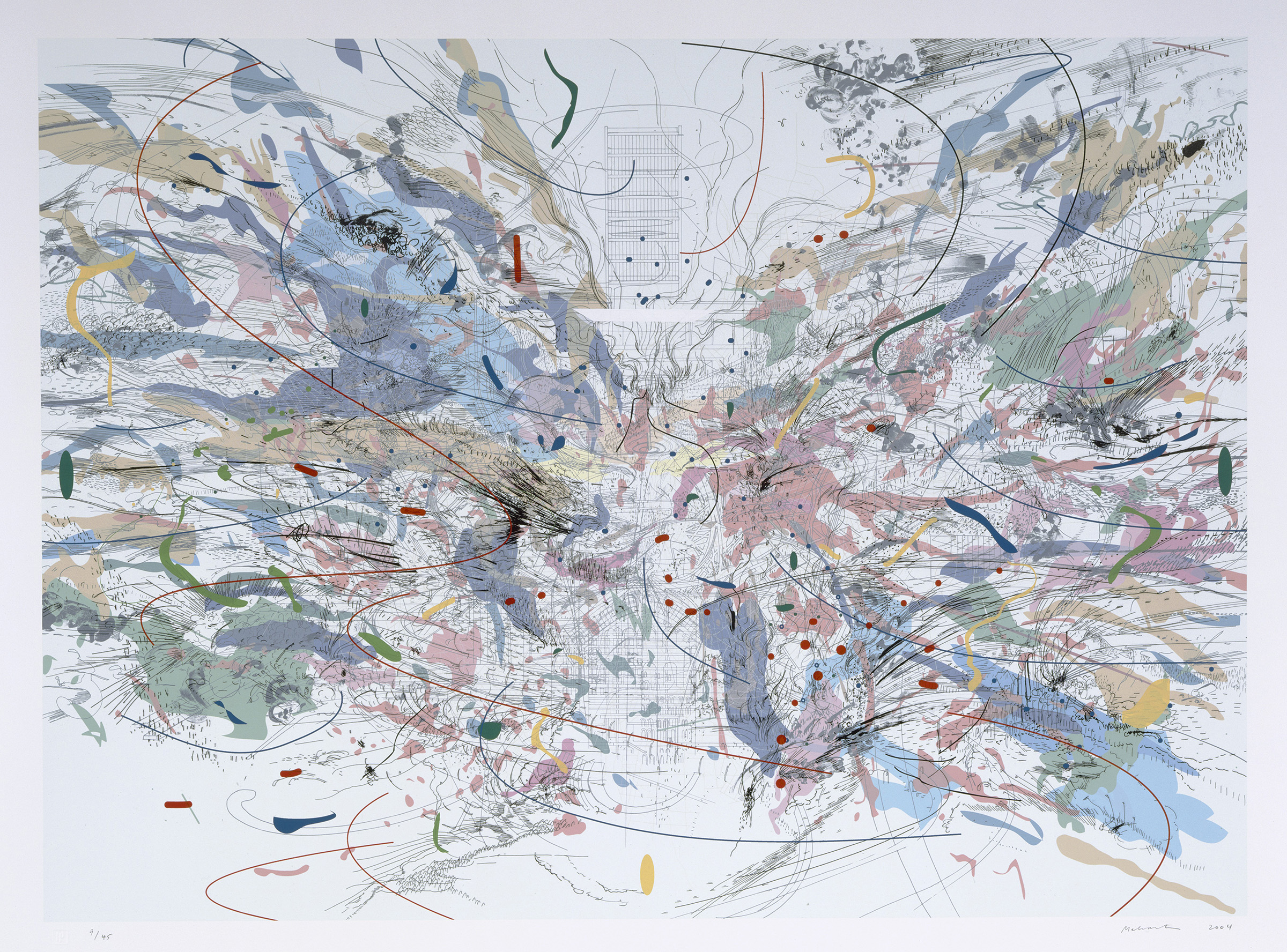 Pictured is a screenprint and lithograph piece by Julie Mehretu, titled "Entropia (review)," 2004. The Hammer exhibit “Five Centuries of Works on Paper: The Grunwald Center at 70” displays a fraction of the works on paper collected by the UCLA Grunwald Center for the Graphic Arts. (Courtesy of Julie Mehretu)