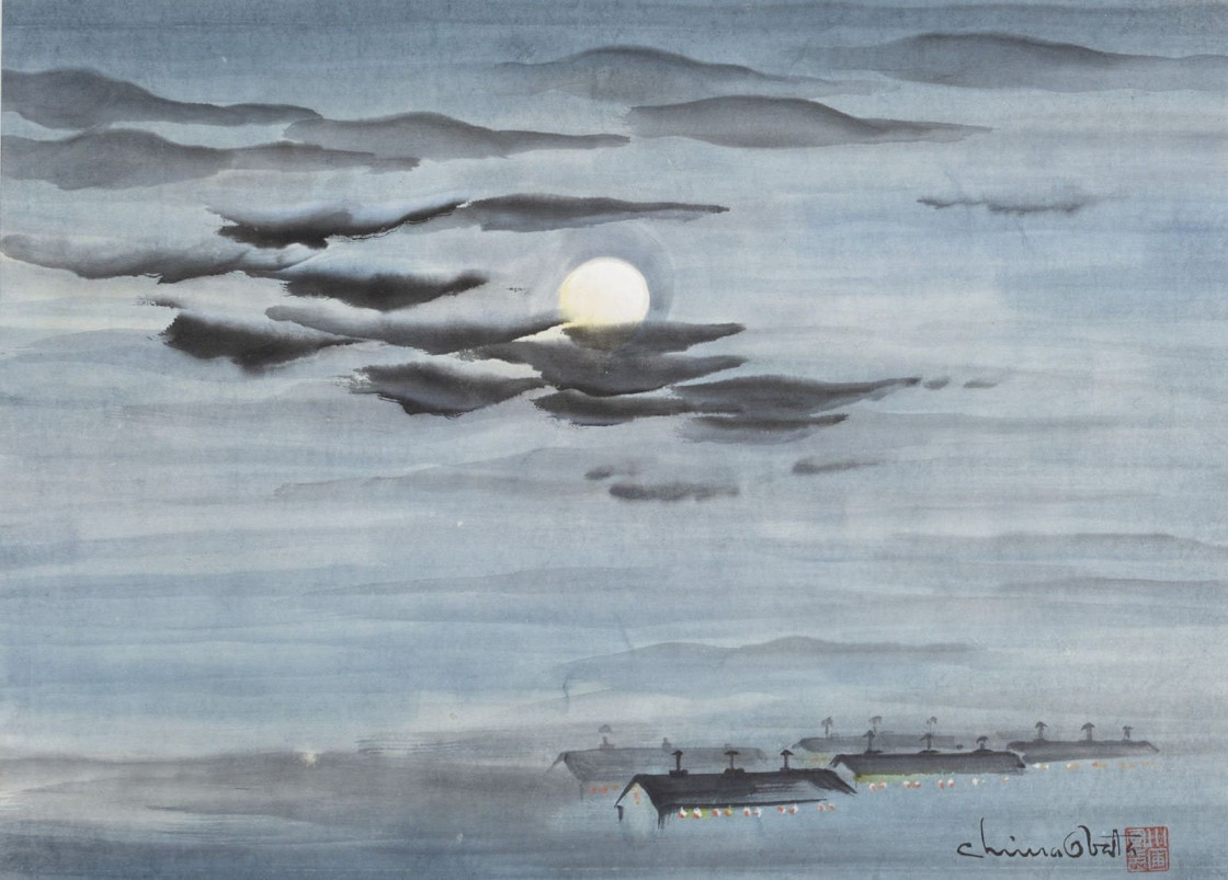 Chiura Obata&squot;s 1943 watercolor piece, "Topaz War Relocation Center by Moonlight." Opening to the public on Feb. 28, the MOCA exhibition focuses on the work created by Japanese American artists in the wake of Executive Order 9066 and the forced imprisonment of Japanese Americans in internment camps during World War II. (Courtesy of Utah Museum of Fine Arts Permanent Collection, Gift of the Estate of Chiura Obata)