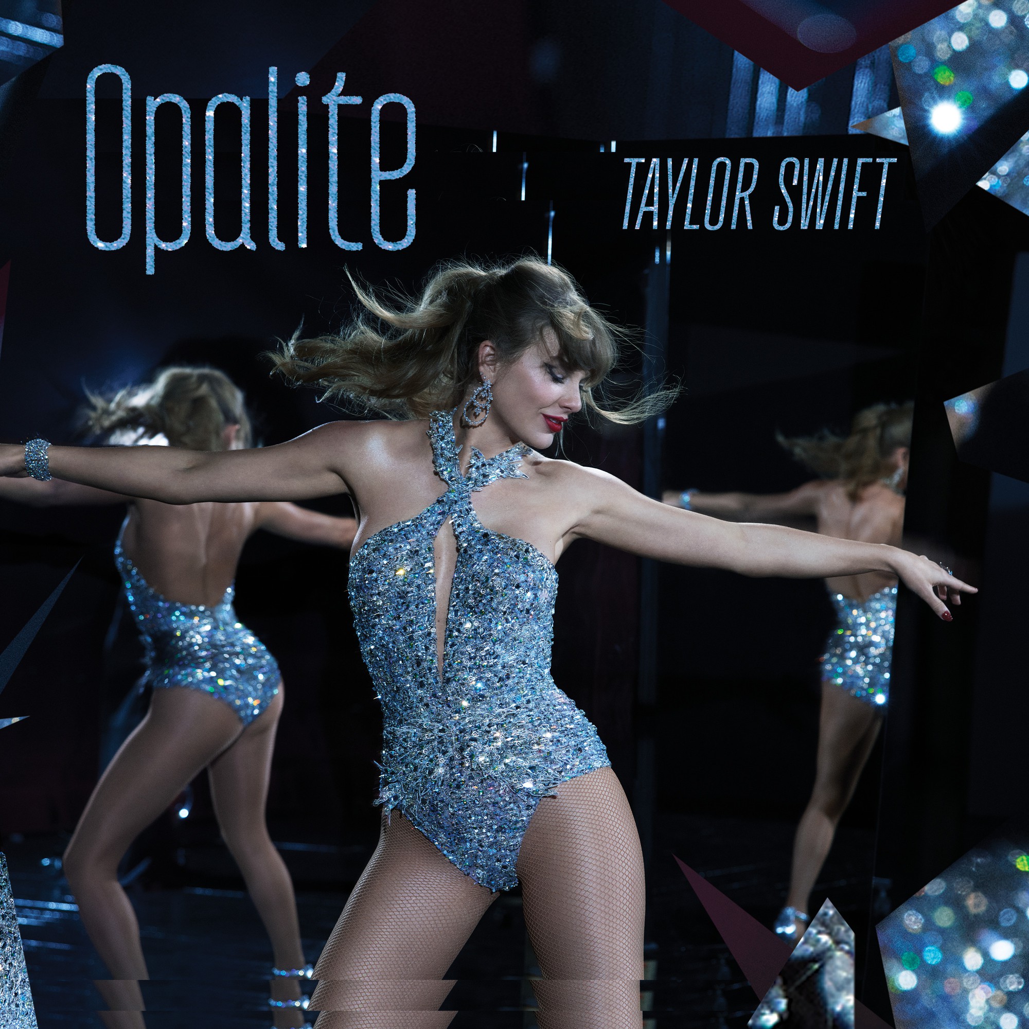 The cover for Taylor Swift’s single “Opalite” shows the singer with her arms stretched out to her sides while wearing a sparkly bodysuit. The music video for Swift’s 14th no. 1, was born out of the pop star’s appearance on the British talk show “The Graham Norton Show,” featuring the other celebrity guests and the show’s host. (Courtesy of Taylor Swift)