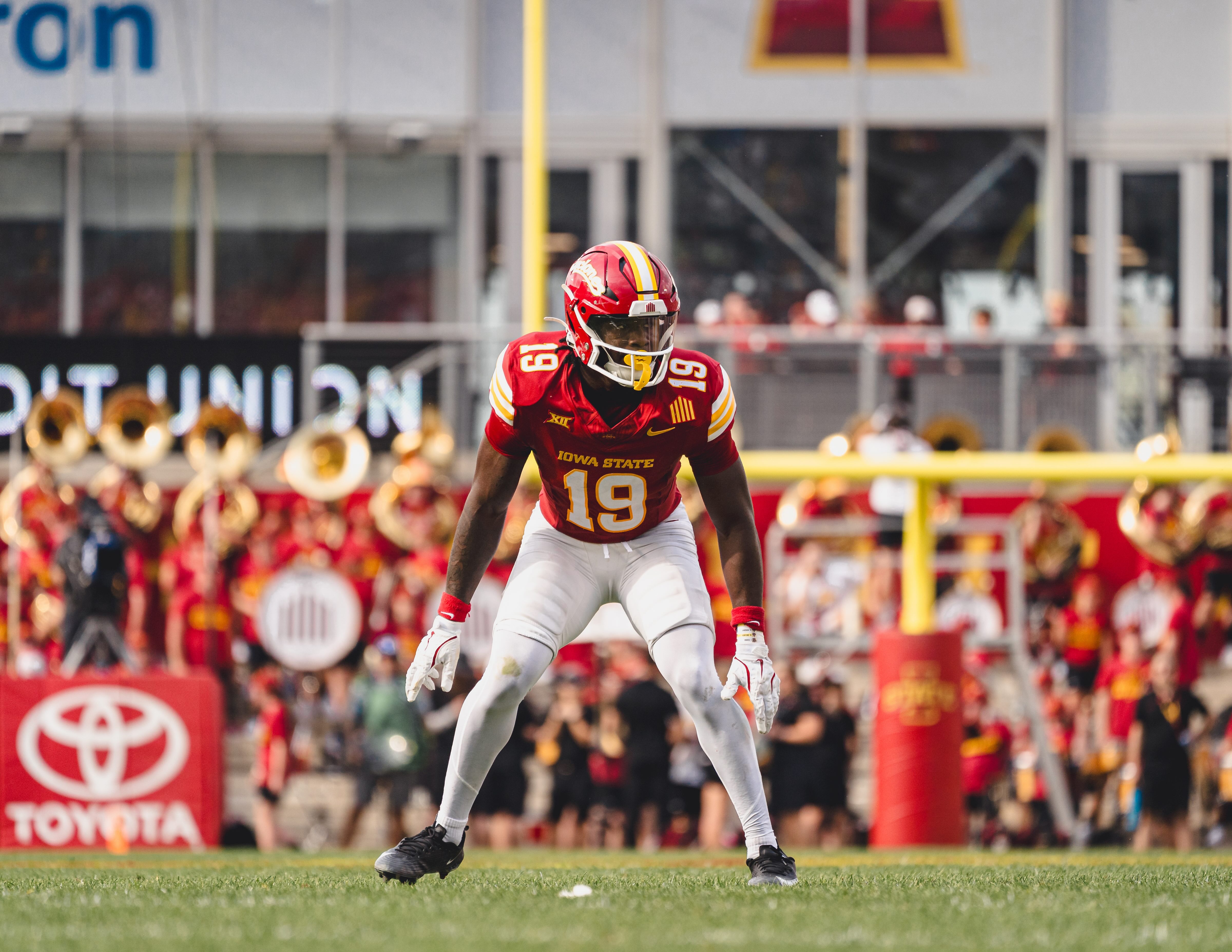 Former Iowa State and current UCLA safety Ta'Shawn James readies for the play. (Courtesy of Iowa State Athletics)