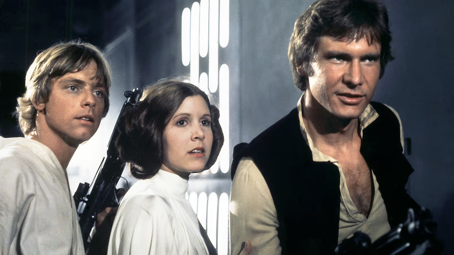 Mark Hamill, Carrie Fisher and Harrison Ford (left to right) play Luke Skywalker, Princess Leia and Han Solo. “Star Wars: Episode IV - A New Hope”was the franchise's first film and premiered in 1977. (Courtesy of Academy Museum of Motion Pictures)