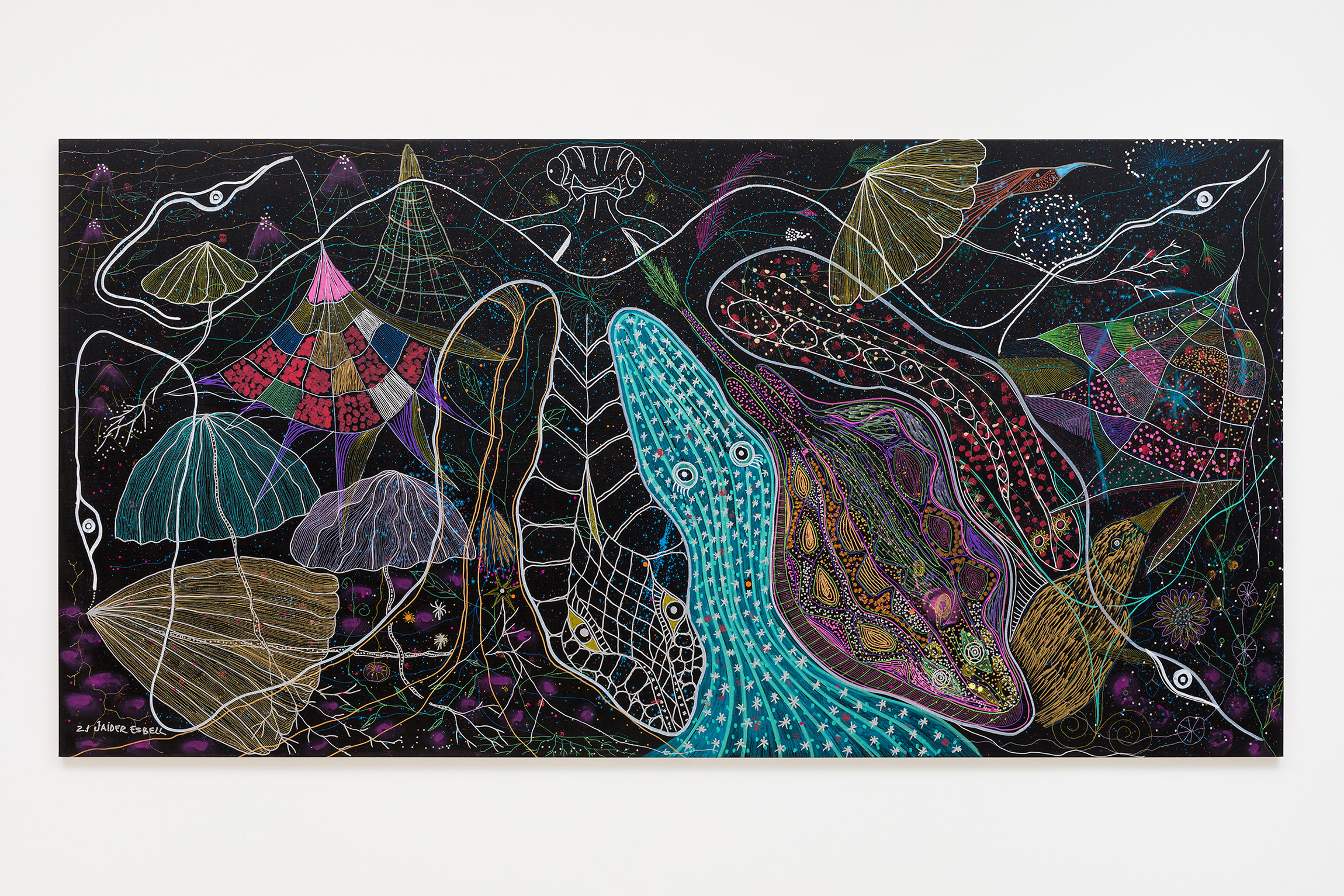 Shown is a 2021 acrylic on canvas piece by Jaider Esbell. "Several Eternities in a Day: Form in the Age of Living Materials" at the Hammer Museum shows the works of 22 Indigenous and Brown artists from North, Central and South America. (Courtesy of Almeida & Dale, Bruno Leao)