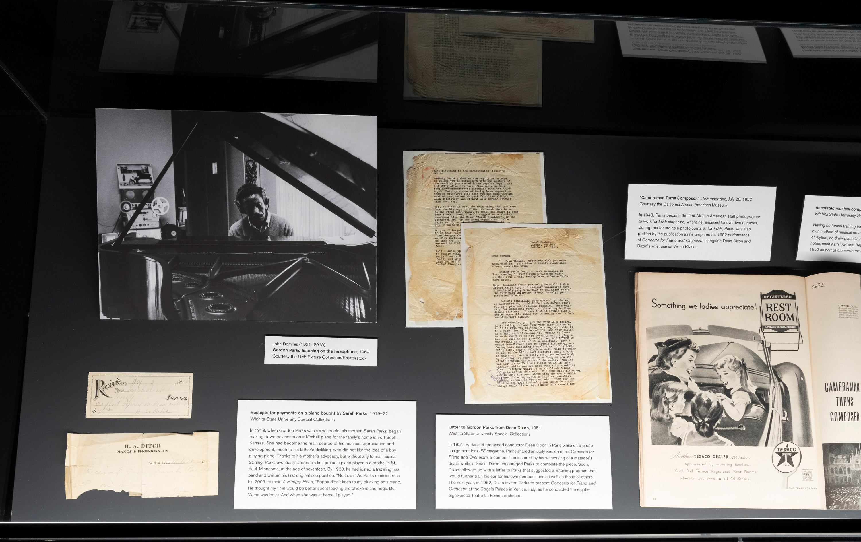 An installation picture of the California African American Museum&squot;s exhibition “The Sound of Gordon Parks." The art exhibit delves into the wide range of Gordon Parks’ musical projects, including never-before-heard demo recordings. (Courtesy of California African American Museum and Elon Schoenholz)