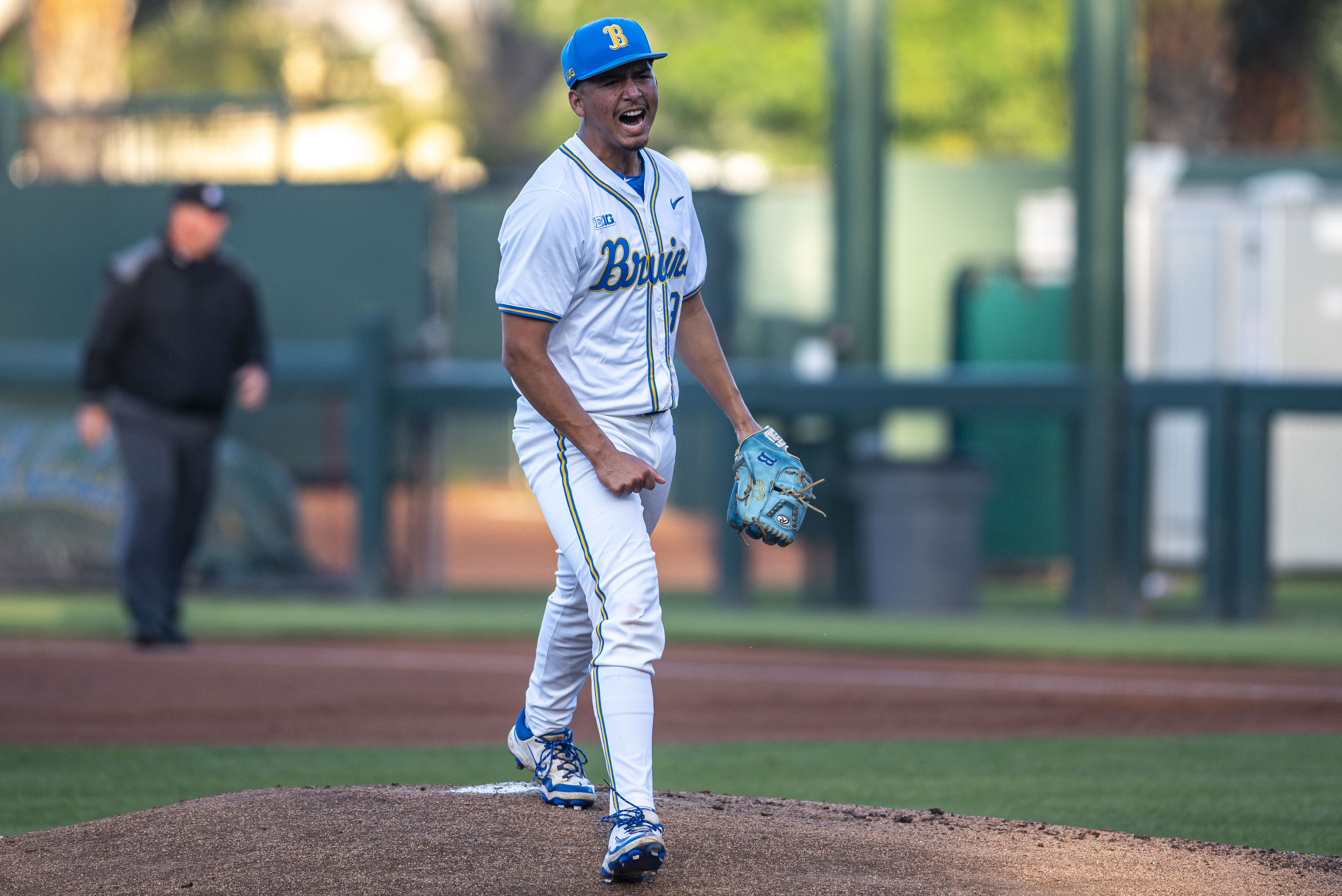 Freshman right-hander Angel Cervantes yells as he walks off the mound at the end of an inning. (Miles Turner/Daily Bruin)