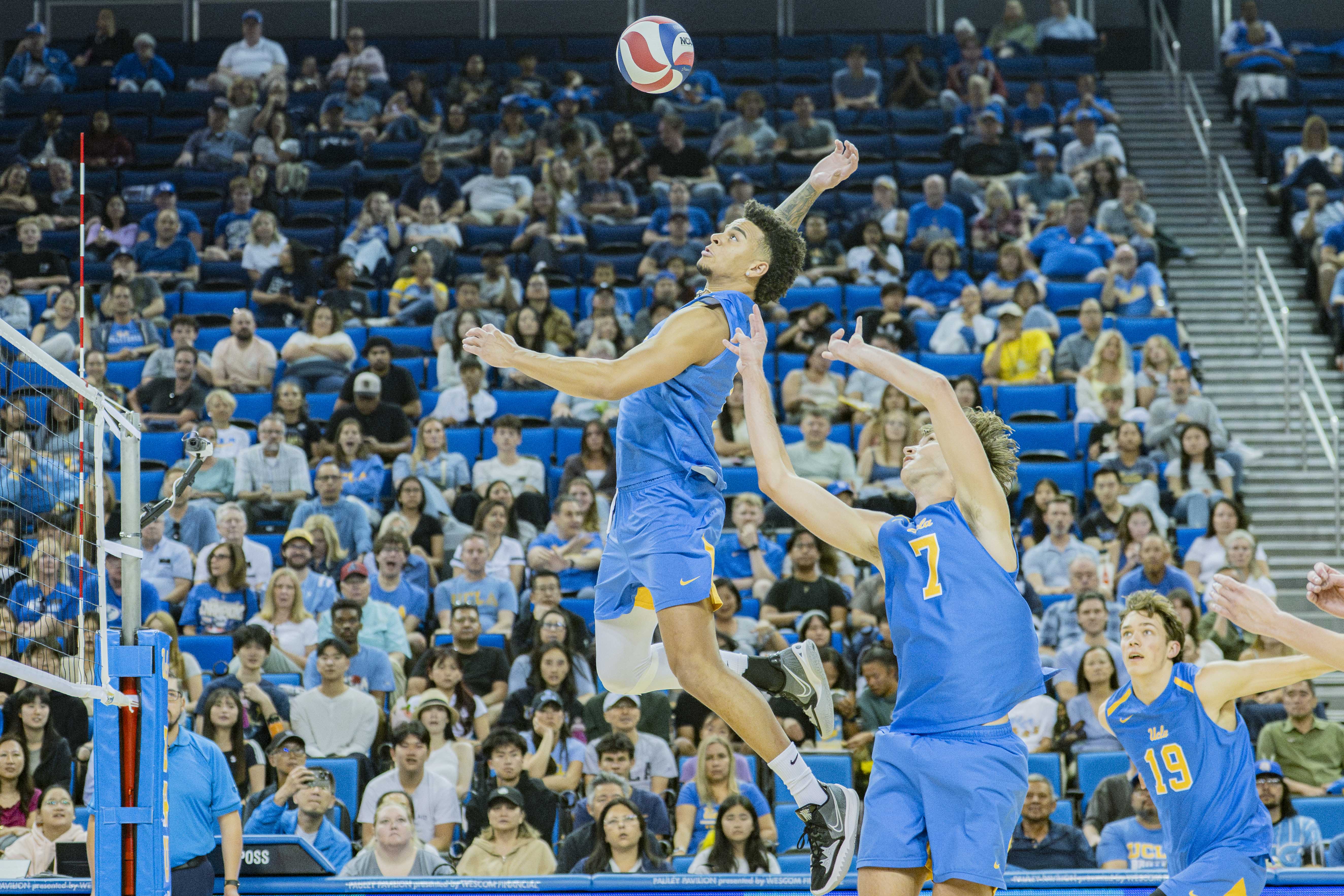 Senior middle blocker Cameron Thorne rises to hit the ball. Thorne has won back-to-back Ryan Millar Awards for being the nation's best middle blocker. (Crystal Tompkins/Daily Bruin senior staff)