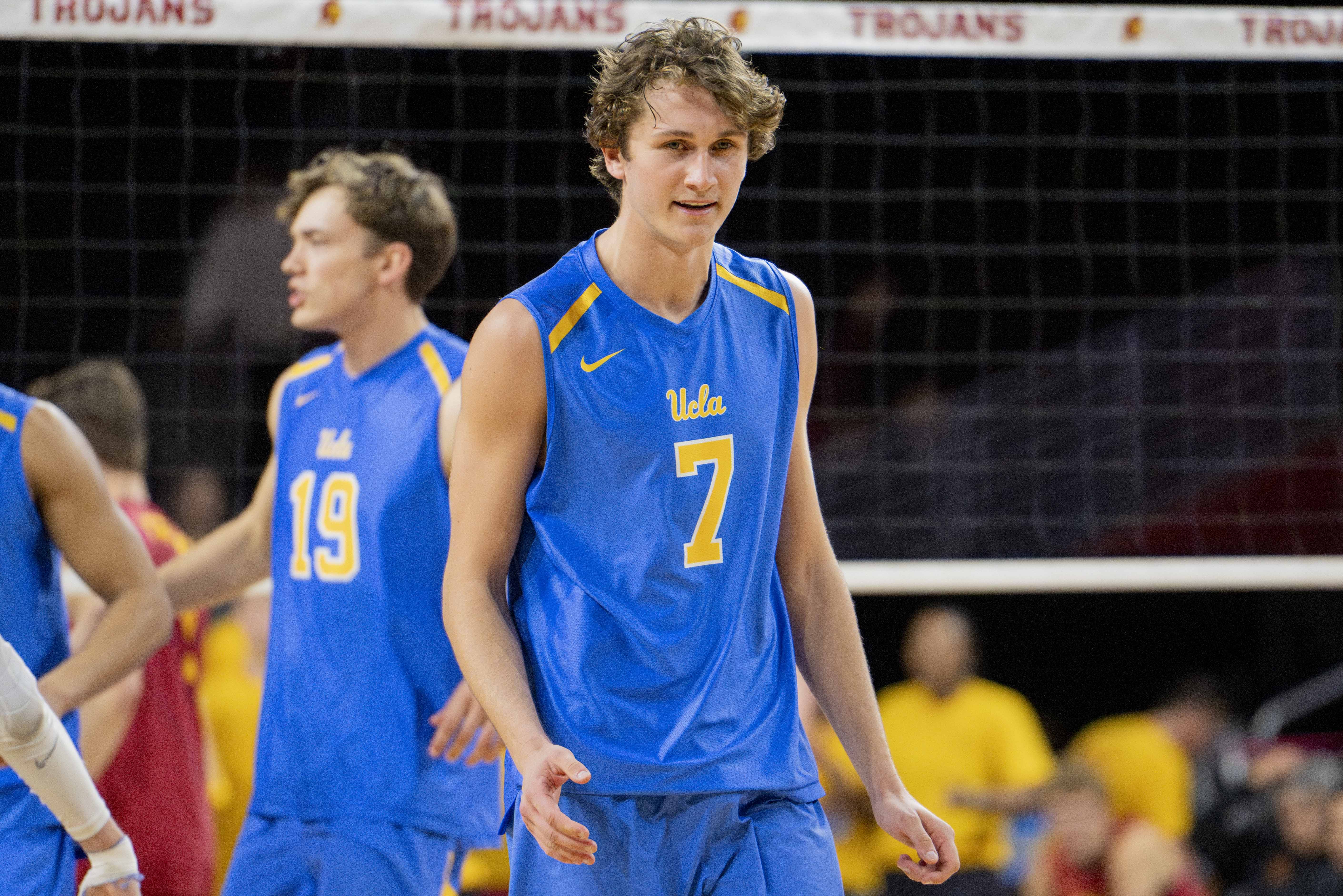 Senior setter Andrew Rowan stands on the court. Rowan was named the 2026 AVCA National Player of the Year and was a First Team All-American every year at UCLA. (Edward Ho/Daily Bruin)