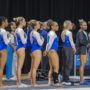 UCLA gymnastics lines up for the national anthem during the 2026 NCAA Corvallis Regional. (Andrew Ramiro Diaz/Photo editor)