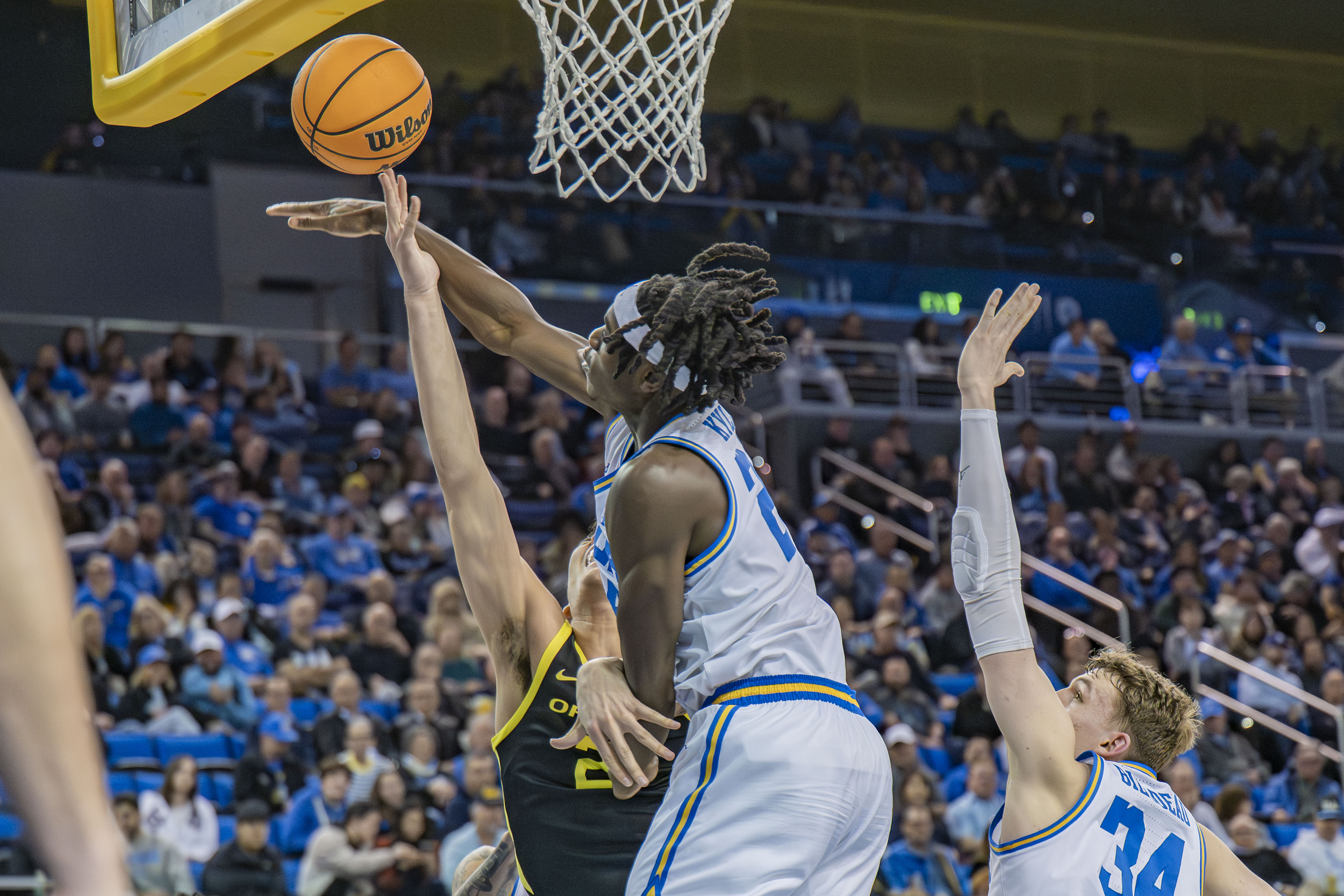 Kyle swats at an Oregon player's shot attempt. (Daily Bruin file photo)