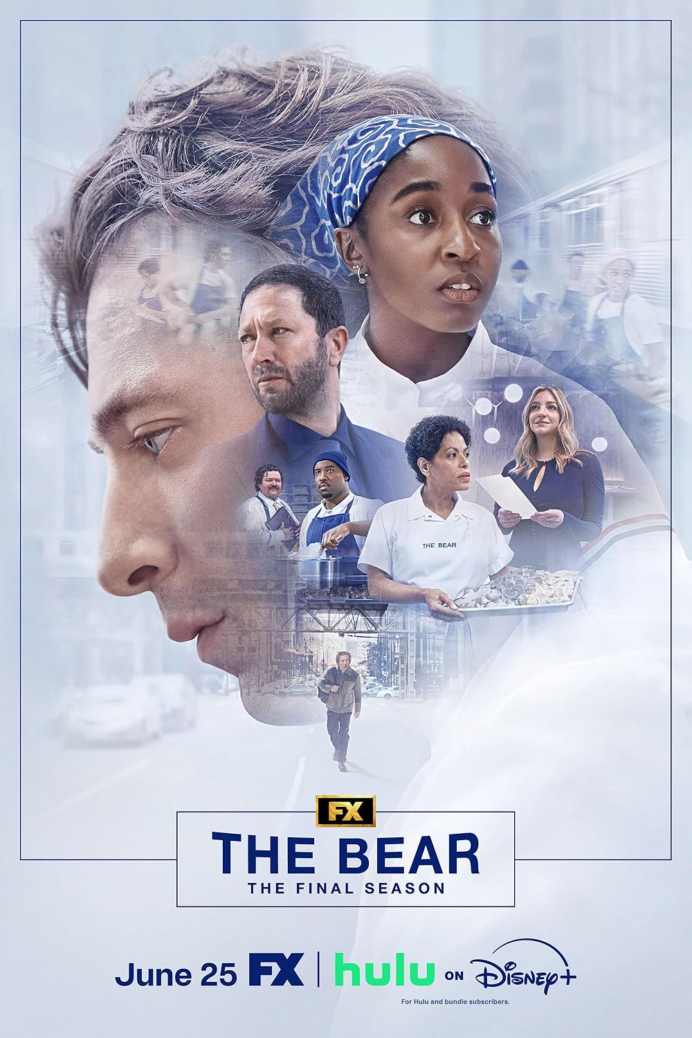 Jeremy Allen White and other stars of "The Bear" appear superimposed on the backdrop of a restaurant. (Courtesy of IMDb)