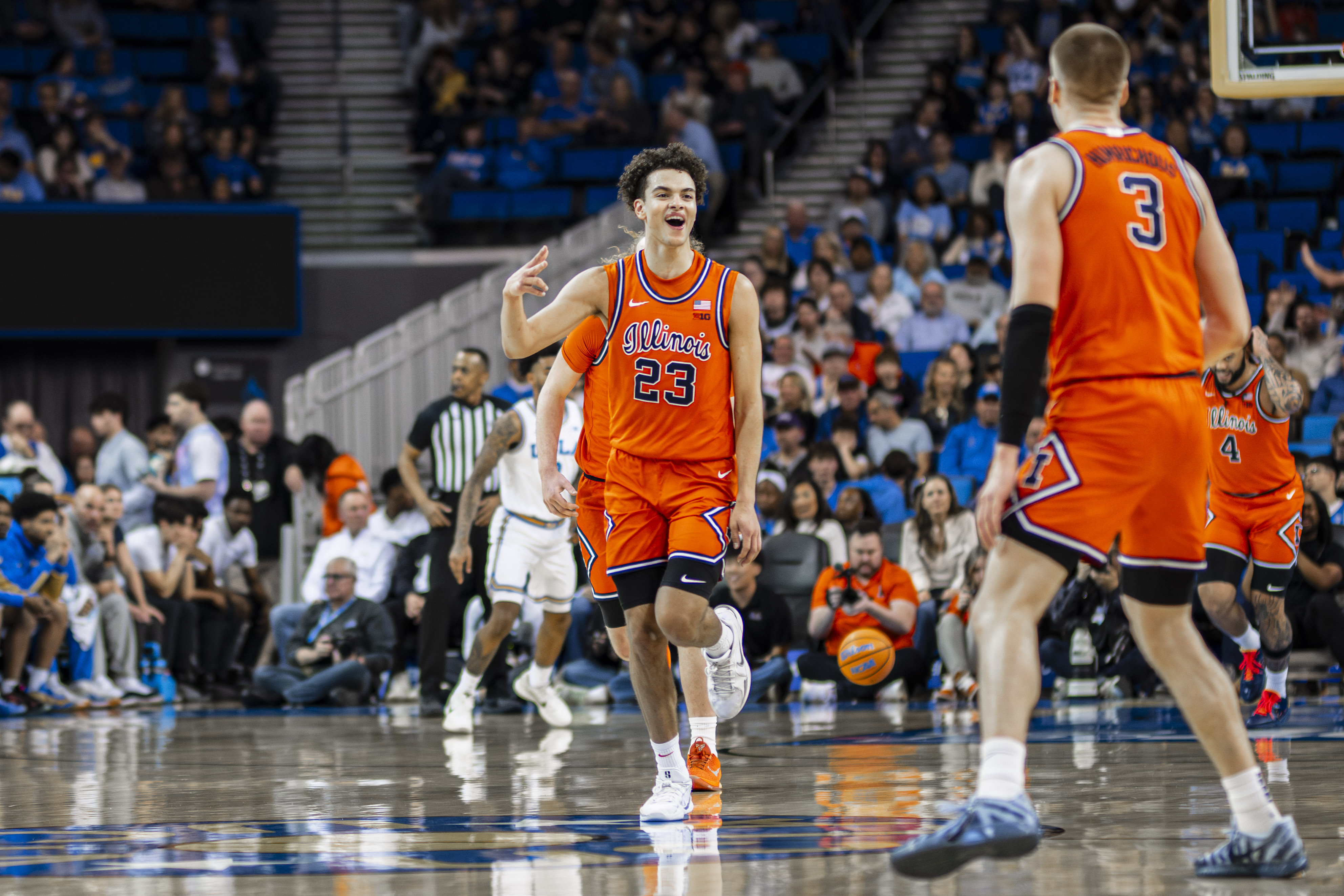 Guard Keaton Wagler celebrates a 3-pointer in a game against UCLA last season. Wagler was selected fifth overall by the Los Angeles Clippers in the 2026 NBA Draft, which will force the Fighting Illini to adjust without him. (Daily Bruin file photo)