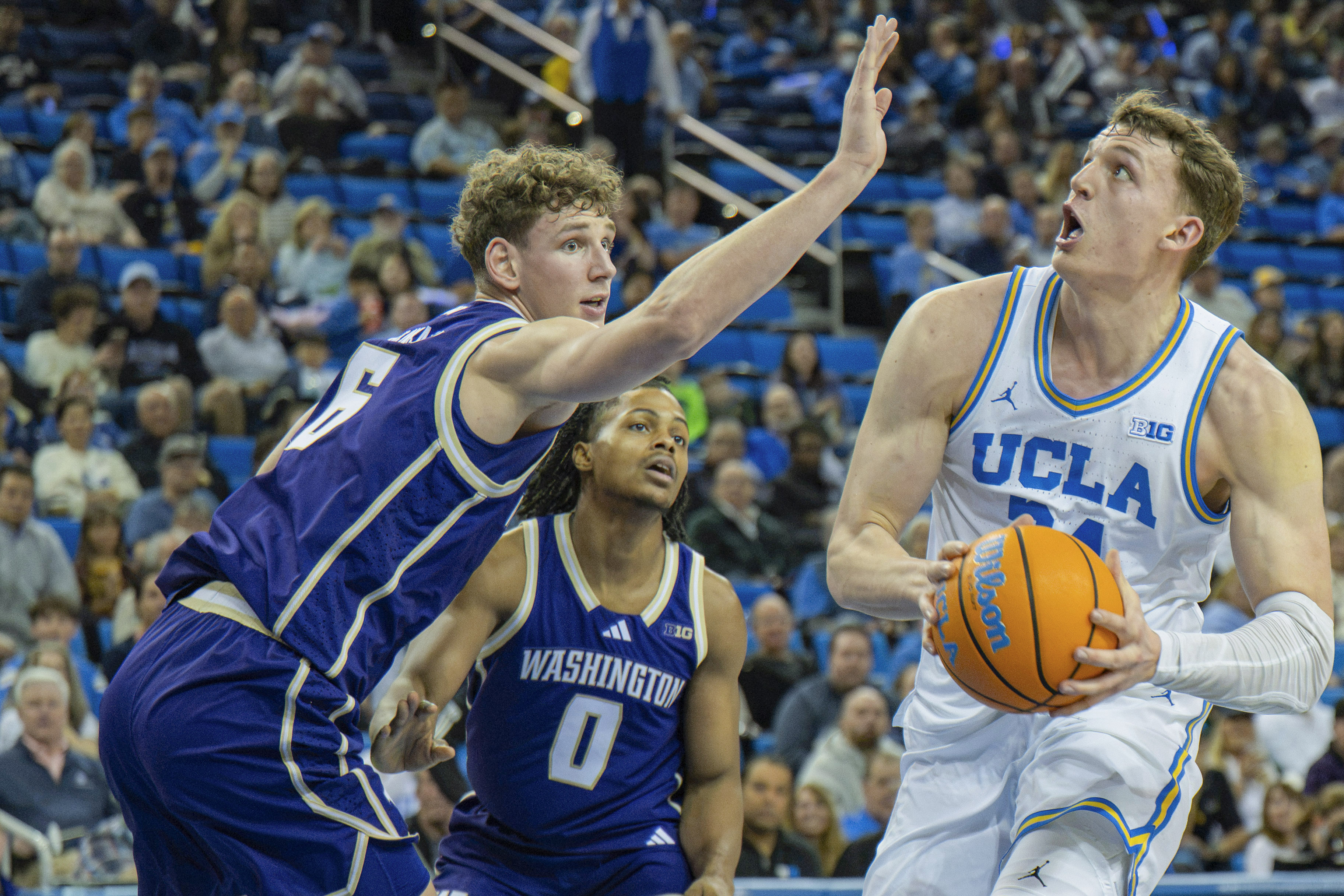 Hannes Steinbach reaches to try and block a shot from UCLA’s Tyler Bilodeau. The 6-foot-11 forward is leaving the Huskies after his freshman season to join the Charlotte Hornets in the NBA.(Andrew Diaz/Photo editor)