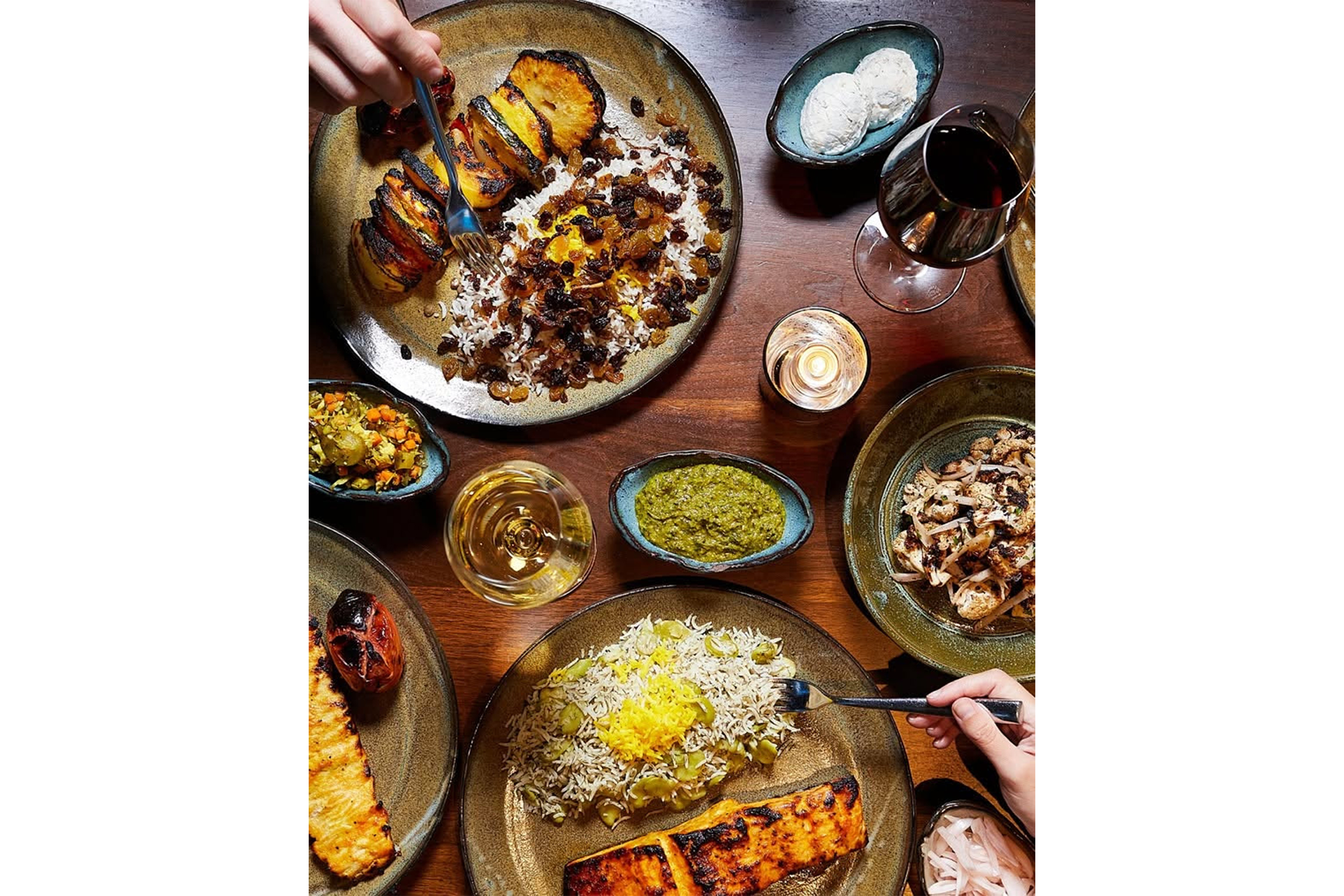 Several dishes from Rumi's Kitchen are shown. The upscale Persian restaurant will be open for lunch and dinner at Westfield Century City, and its menu features coal-fired kebabs, a variety of seasonal dishes and an extensive wine list. (Courtesy of Rumi’s Kitchen)